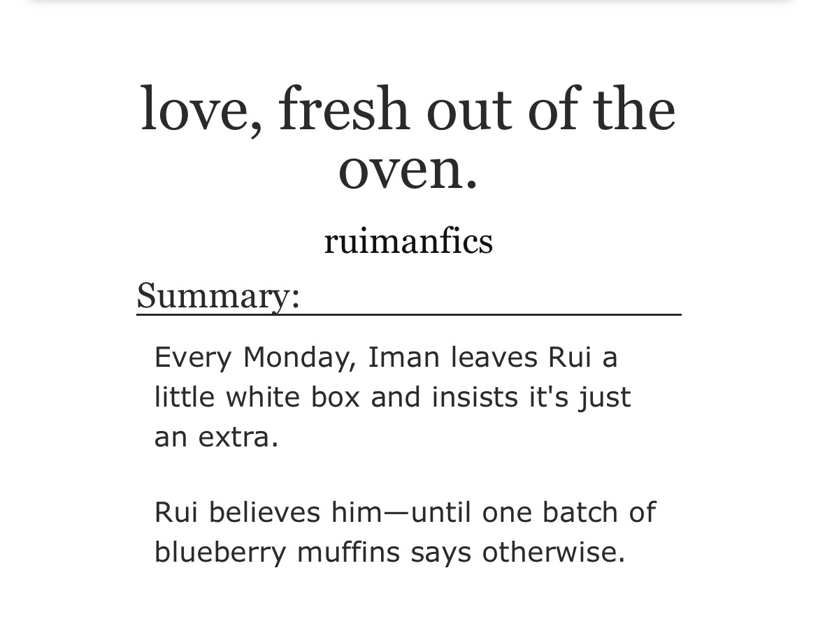 ruimanfics's tweet photo. ── .✦ love, fresh out of the oven.

a ru!m4n fic wherein love found its way into every recipe long before either of them found the courage to say it out loud.

🍪one-shot fic
🍪3,073 words 
🍪fluff

https://t.co/G2prS5xx3H

happy 5th ruimansary! 💚 https://t.co/3osUXDynS8