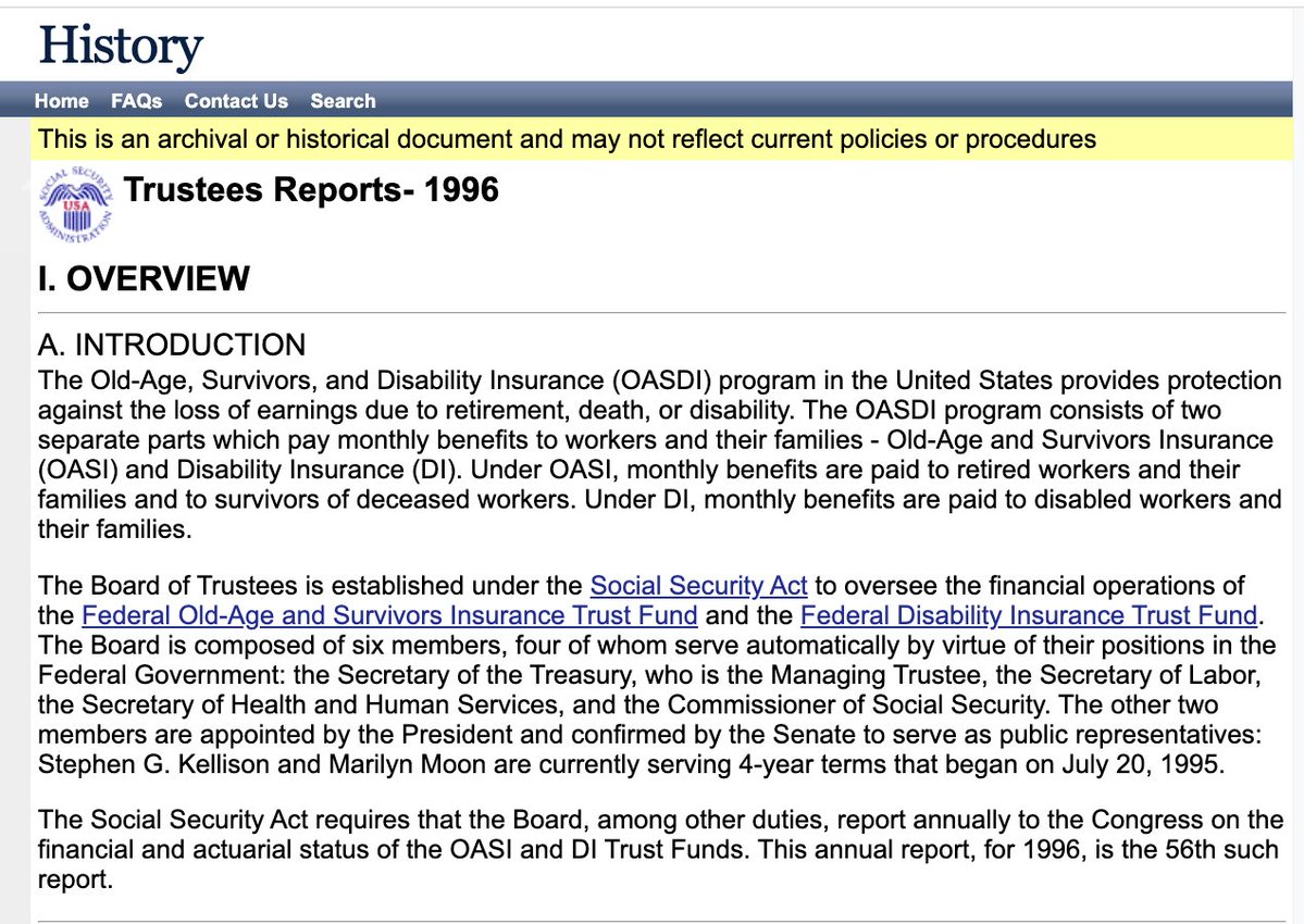 GreenPlusAnE's tweet photo. Here's the 1996 Social Security Trustee report, projecting that the trust fund will run out in 2031. 

30 years later, the trust fund is projected to run out in 2032. 

This is 100% seniors' fault. They knew the whole time. https://t.co/8djr2kHg64