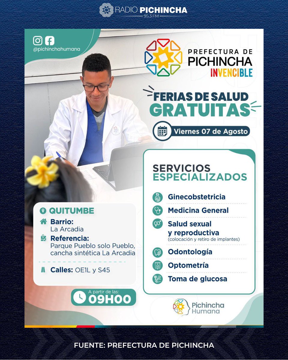 radio_pichincha's tweet photo. ⭕ #ATENCIÓN | La Prefectura de @PichinchaGob realizará una nueva jornada de “Ferias de Salud Gratuitas” este viernes 7 de agosto, desde las 09:00, en el barrio La Arcadia, en #Quitumbe. Durante la actividad se ofrecerán servicios médicos sin costo para la ciudadanía.
#LaRadioDeLasNoticias
Los detalles 🔽