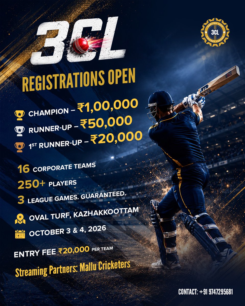 3cltournament's tweet photo. GAME ON! Registrations are OPEN!

Join the Capital City Cricket League (3CL) – the ultimate corporate cricket showdown!

📍Oval Turf, Kazhakkoottam
📅Oct 3–4, 2026

Register now! 📲+91 97472 95681

#3CL #CorporateCricket #CricketTournament #Trivandrum #CorporateSports https://t.co/dEaMqi341V