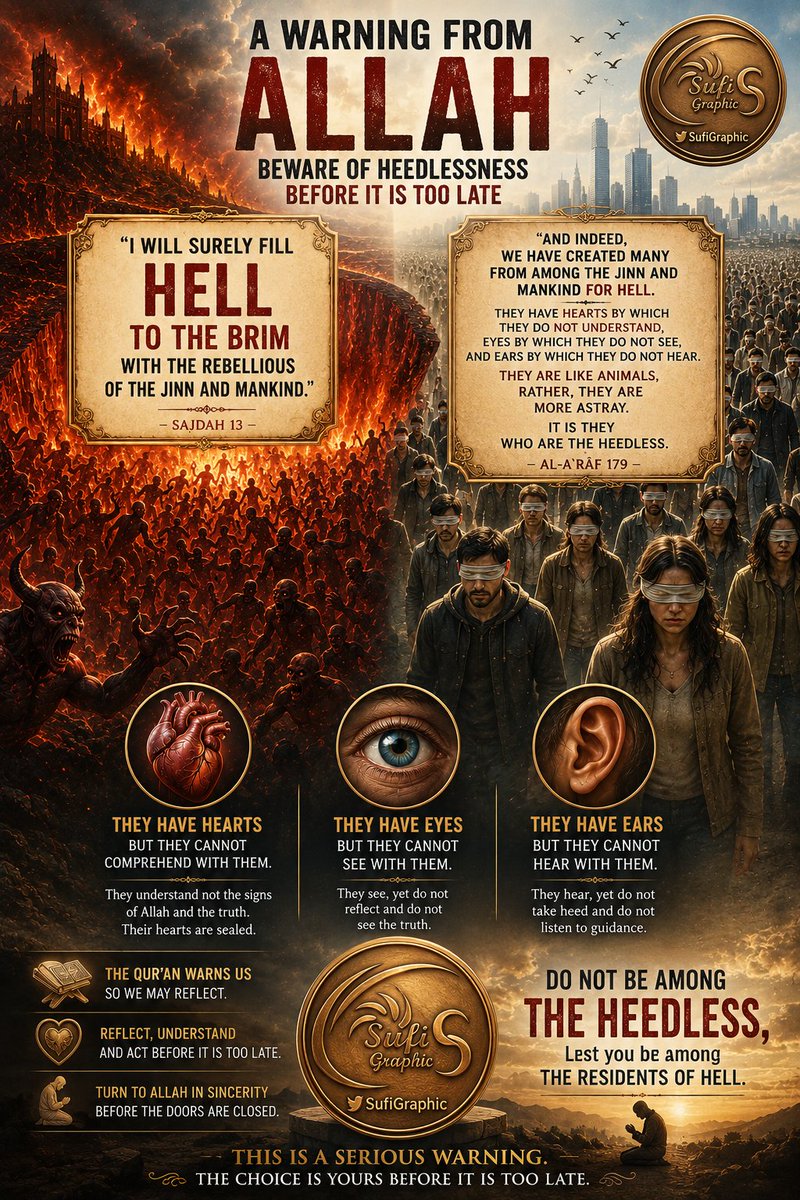 SufiGraphic's tweet photo. #Hell #Punishment #Human #Jinn #Goodness #Evil #Denial #Shirk #Oppression #Lies #Slander #Murder #Theft #Sin #Quran #Gospel #Torah

CHARACTERISTICS OF HUMANS AND JINN WHO DESERVE HELL

"My word: 'I will surely fill Hell with the rebellious among jinn and humans all together' shall inevitably come to pass." (Sajdah 13)

"And We have certainly created for Hell many of the jinn and mankind. They have hearts with which they do not understand, eyes with which they do not see, and ears with which they do not hear. They are like livestock; nay, they are even more astray. It is they who are the heedless." (A'raf 179)

When examined within the holistic framework of the Noble Qur'an, Surah As-Sajdah 13 and Surah Al-A'raf 179 reveal the root cause of ending up in Hell (closing one's sensory organs and intellect to the truth, and allowing free will to become transgressing in pursuit of desires). Other verses detail the theological, moral, and practical outcomes of this heedlessness and lack of comprehension.

The reasons for humans and jinn being driven to Hell can be summarized in the following core points based on Quranic verses:

1. Root Cause: Blindness, Deafness, and Heedlessness Toward Truth
As stated in Al-A'raf 179, the fundamental mechanism of becoming destined for Hell is failing to utilize the faculties of perception granted to one:

Closing the Intellect and Senses to Truth: Hearts not comprehending the truth, eyes not looking with insight, ears not listening to the truth (Al-A'raf 179; Al-Mulk 9–10).

Conscious Heedlessness and Worldliness: Losing the awareness of the Hereafter and being satisfied solely with the life of this world (Yunus 7–8).

2. Theological Reasons (Shirk, Disbelief, and Arrogance)
Shirk (Associating Partners with Allah): Paradise is forbidden to anyone who associates partners with Allah (Al-Ma'idah 72; An-Nisa 48).

Disbelief (Kufr) and Denying the Verses: Denying Allah's verses and disrespectfully turning away from them (Al-A'raf 36; Al-Mulk 6).

Arrogance and Pride: Being unable to stomach the truth due to pride, despite knowing it (Az-Zumar 60; Ghafir/Mu'min 76).

Following Satan and Transgressors: Following the "rebellious among jinn and humans" mentioned in Sajdah 13 (Al-Hijr 42–43; Ash-Shu'ara 94–95).

3. Violating Human Rights and Social Injustices
Oppression and Injustice (Zulm): Oppressing people, violating rights, and wronging one's own soul (Al-Kahf 29; Ibrahim 22).

Unlawful Killing (Murder): Intentionally killing a believer (An-Nisa 93).

Usurping Orphans' Property / Public Wealth / Theft: Misappropriating the property of orphans unjustly is like filling one's stomach with fire (An-Nisa 10; Ali 'Imran 161).

Fraud in Weights and Measures: Defrauding people of their rights and engaging in dishonest trade (Al-Mutaffifin 1–3).

4. Moral Corruption and Sins of the Tongue
Slander and Defamation: Slandering chaste women with false accusations (An-Nur 23; Al-Ahzab 58).

Backbiting, Defamation, and Mockery (Humazah-Lumazah): Belittling people, spreading gossip, accumulating wealth, and boasting about it (Al-Humazah 1–3; Al-Hujurat 12).

False Testimony and Lying: Swearing false oaths and concealing the truth (Al-Mu'minun 8; Al-Furqan 72).

Envy and Jealousy: Envy—the first sin committed by Iblis—which drives humans toward oppression (Al-Falaq 5; An-Nisa 54).

5. Abandoning Acts of Worship and Irresponsibility
When those in Hell are asked, "What drove you into the Burning Fire?", their response encapsulates their lack of good deeds (Al-Muddaththir 42–46):

Abandoning Prayer (Salah): Failing to fulfill the duty of servitude to Allah.

Not Feeding the Poor (Failing to Give Zakat/Charity): Rejecting social solidarity and mercy.

Engaging in Vain/Sinful Talk: Carelessly joining those who indulge in sin and trivialities.

Denying the Day of Recompense: Completely losing the consciousness of accountability.

Summary: Sajdah 13 announces that divine justice will be realized, while Al-A'raf 179 details the internal blindness that leads to Hell. When this internal blindness manifests in action—such as shirk, oppression, arrogance, violation of rights, and neglect of worship—it becomes the justification for the punishment of Hell.

PSYCHO-SOCIOLOGICAL ANALYSIS OF THE VERSES
The processes of the "dysfunction of perceptual organs" (heedlessness) and "transgressing into Hell," depicted in Al-A'raf 179 and Sajdah 13, align directly with modern psychological and sociological theories regarding the production, spread, and normalization of evil.

The expression "They have hearts with which they do not understand, eyes with which they do not see" provides a profound psycho-social foundation explaining how individuals and societies rationalize, become desensitized to, and systematize evil.

1. Psychological Analysis of Evil
Psychology primarily examines evil through an individual's internal mechanisms, cognitive distortions, and lack of empathy:

A. Cognitive Distortion and "Moral Disengagement"
Theory (Albert Bandura): People develop mental mechanisms to avoid feeling remorse while committing evil. The state of "having hearts they do not understand" corresponds to Bandura's concept of moral disengagement.

Mechanism: An individual convinces themselves that their oppression serves a "higher cause," dehumanizes the victim, and minimizes their own responsibility. By shutting their eyes and ears to the truth, the voice of conscience is suppressed.

B. Desensitization and Heedlessness (Ghafrah)
Context of Al-A'raf 179: The emphasis that "They are like livestock; nay, they are even more astray (heedless)" highlights the process of evil becoming normalized and desensitized over time.

Psychological Equivalent: A mind continuously exposed to or engaged in evil loses its emotional reactivity over time. The capacity for empathy atrophies. The eye that sees and the ear that hears the truth become dysfunctional because they have turned "numb."

C. Narcissism, Arrogance, and "Othering"
The psychological engine of evil is arrogance (as symbolized by Iblis).

Extreme narcissism and ego lead individuals to place themselves at the center of the universe and view others merely as "tools" (objects) for their own desires. This completely eradicates empathy.

2. Sociological Analysis of Evil
Sociology treats evil not merely as an individual deviation, but as a phenomenon produced by social structures, systems, and institutions:

A. The Banality of Evil (Hannah Arendt)
Theory: While observing the trial of Nazi war criminal Adolf Eichmann, Arendt realized that evil is not always committed by "monsters," but often by ordinary people who do not think, do not question, and blindly follow orders.

Relation to the Verse: The description of "it is they who are the heedless" in Al-A'raf 179 precisely mirrors what Arendt termed "thoughtlessness/unquestioning compliance." When a system or majority produces evil, the masses surrender their intellect and conscience to the system, turning evil into a "routine duty."

B. Obedience to Authority and Diffusion of Responsibility (Milgram & Zimbardo)
Milgram & Stanford Prison Experiments: Humans tend to obey authority. Under authoritative or peer pressure, an individual transfers their personal responsibility to the authority ("I was just following orders").

Context of Sajdah 13: The expression "the rebellious among jinn and humans" corresponds to the sociological concept of evil leadership / manipulative authority. The arrogant/transgressors lead society, while the heedless/oppressed follow them blindly.

C. Anomie and Social Decay (Émile Durkheim)
Theory: When societal rules, moral values, and social bonds weaken, society falls into a state of "anomie" (normlessness).

Result: Individuals begin practicing theft, lies, slander, murder, and backbiting as if they were social norms. When corruption becomes widespread, evil ceases to be an isolated crime and transforms into a systemic social climate.

Synthesis: What Does It Mean to Be "More Astray Than Livestock"?
The psycho-sociological summary of why the Qur'an describes such humans as "more astray/lower than livestock" is as follows:

Livestock: Act on instinct, live according to their innate nature (fitrah), and their consumption or destruction is limited to their needs. They lack cognitive free will.

Humans / Jinn: Equipped with intellect, conscience, empathy, and free will.

When a human closes their intellect and conscience to the truth (psychological blindness) and integrates into systems of social evil (sociological normalization), they produce destructiveness (genocides, systemic theft, institutional oppression) at a scale and nature that animals could never reach.

Sajdah 13 and Al-A'raf 179 highlight the ultimate consequence of this psycho-sociological collapse, where individual desensitization merges with collective transgression.

THE PROTECTION OF THE INNOCENT AND THE DECLARATION OF JUSTICE
Verses Al-A'raf 179 and Sajdah 13 do not merely describe the perpetrators and mechanisms of evil; they also serve as a protective shield and a declaration of justice that safeguards the righteous, the innocent, and the oppressed in society.

In the psychology and sociology of evil, the greatest danger is that evil—as it spreads—passivates, silences, or victimizes the innocent. These verses provide a critical analysis along three main axes to defend the rights of the good:

1. The Greatest Enemy of Innocence: "Neutrality" and the Illusion of Heedlessness
Sociologically, evil spreads en masse and consumes the innocent not only because of the transgressors who actively commit it, but because of the heedless majority who adopt a "live and let live" or passive stance.

Complicity Through Silence (Bystander Effect): In psychology, crowds that witness oppression without intervening diffuse responsibility to others. The description in Al-A'raf 179 ("They have eyes with which they do not see, ears with which they do not hear") targets this "bystander crowd" that closes its eyes and ears to the cries of the innocent.

For the Protection of the Innocent: The verse conveys this message to the righteous: Heedlessness is not a neutral or harmless state. Anyone in a society who turns a blind eye to oppression, theft, and slander paves the way for evil to crush the innocent. The rights of the innocent can only be protected by the good who remain mentally and actively vigilant.

2. Defending Human Dignity Against Dehumanization of Victims
The psychological strategy of evil is to dehumanize the victim before attacking. In genocides, systemic corruption, or societal lynchings/slander campaigns, oppressors/transgressors attempt to frame the innocent as "sub-human."

Inverted Hierarchy: The Qur'an re-defines the oppressors who produce evil and those who tolerate it by declaring: "They are like livestock; nay, they are even more astray." This statement resets the moral hierarchy in favor of the innocent.

Dignity of the Innocent: No matter how respectable a tyrant with power, wealth, or authority may appear, the moment they close their eyes to truth, justice, and conscience, they forfeit their human value. Conversely, the innocent and oppressed hold the highest moral standing simply by virtue of being human and standing for truth. This discourse prevents the vulnerable from being psychologically crushed and grants them moral superiority.

3. Shattering the Perception of Impunity and Guaranteeing Divine Justice
For the innocent and the good, the most destructive psychological trial in this world is the perception that evil goes unpunished (impunity). The idea that the oppressor suffers no consequences while the liar and thief win erodes the resilience of the righteous and leads to social despair.

The Guarantee of Sajdah 13: The declaration "I will surely fill Hell..." is not a terrifying threat to the innocent; rather, it is a cosmic guarantee of absolute justice.

Psychological Resilience: This statement assures the victim and the righteous: Oppression is temporary. Slander, stolen rights, spilled blood, or injustice will never go unaccounted for. This faith prevents victims from giving in to helplessness, keeps their belief in justice alive, and protects them from surrendering to evil.

In conclusion: Sajdah 13 and Al-A'raf 179 expose the psycho-sociological mechanisms that attempt to crush the innocent and command the good—rather than remaining passive victims—to become active guardians of justice equipped with intellect and conscience.

QUANTUM PHYSICS AND QUANTUM CONSCIOUSNESS PERSPECTIVE
When the processes of evil, lack of comprehension, and fate/punishment shaped by human choices are evaluated within the framework of Quantum Physics and Quantum Consciousness Theories, they present a striking model through probabilities, the observer effect, entropy, and information theory.

The phenomenon in Al-A'raf 179 and Sajdah 13—"failing to use potentially granted perceptual organs" and "consequently being dragged into deterministic destruction (Hell)"—can be analyzed under four core quantum principles:

1. Superposition and the Potential State of Human BeingsIn quantum mechanics, a particle can exist in multiple states simultaneously until a measurement is made (Superposition). The system is expressed by a wave function , which is a combination of all possibilities.Human and jinn nature (fitrah) operates like a quantum state containing default potentials for both moral elevation  and transgression/collapse :

Quantum Analysis: The "heart, eyes, and ears" in Al-A'raf 179 are tools that determine the amplitude coefficients of free will and consciousness. When a human directs their consciousness toward truth, they increase the probability of good outcomes; when they shut down their perception, the system inclines toward collapse.

2. The Observer Effect and Wave Function Collapse (Measurement Problem)
In quantum physics, when a system is observed/measured, the probability wave collapses (Wave Function Collapse) into a single concrete reality.

"Unseeing Eyes, Unhearing Ears": The "heedless" criticized in the verse are systems that, despite being given observing tools (reason and conscience), refuse to make conscious observations.

Analysis: An individual who fails to be a conscious observer (witness) of truth cannot maintain their moral superposition. When an individual refrains from moral measurement, the system—due to "environmental interaction"—naturally collapses to the lowest default energy level: spiritual collapse (the animalistic/base state).

3. Quantum Decoherence and the Mechanism of "Heedlessness"
When quantum systems interact with their environment, they lose their internal coherence; this is called decoherence. As a result of decoherence, quantum sensitivity is lost, and the system becomes bound by standard, mechanical rules of classical physics.

4. Information Theory and the Thermodynamic Equivalent of Hell
In quantum information theory, information is never destroyed; however, as disorder (entropy) increases, information becomes inaccessible.

Quantum Identification of Hell: An individual who renders their senses—designed to process information (truth)—dysfunctional cuts off the flow of information in the system and generates maximum entropy (chaos/punishment).

Result: Hell represents the ultimate "information trash heap / heat death" region for forms of consciousness that reject the information of truth, maximize their entropy, and completely lose their quantum coherence.

Summary
According to quantum analysis, a human being is a potential field that makes observations through free will and selects their reality.

The human who closes their eyes, ears, and heart to the truth (Al-A'raf 179) collapses their wave function to the lowest possible level. When this lack of perception spreads en masse and turns into an entangled network of evil, the ultimate equilibrium point of the system inevitably becomes the plane of absolute justice in Sajdah 13 (Hell).

COMPARATIVE THEOLOGY (ABRAHAMIC TRADITIONS)
The core theme of Sajdah 13 and Al-A'raf 179 in the Qur'an—"humans/jinn shutting their senses to truth, becoming rebellious through free will, and consequently being dragged to Hell/destruction"—is a shared theological heritage across the Abrahamic religions.

When examining the Torah (and Old Testament texts), the Psalms (Zabur), and the Gospel (New Testament), it becomes clear that the motifs of "lack of comprehension," "blind refusal," and "the condemnation of the rebellious to divine justice" are addressed within the exact same conceptual framework.

1. The Torah and the Old Testament
The Torah and related texts conceptualize a person shutting their eyes and ears to truth as the "hardening of the heart."

A. Closure of the Senses and Hardening of the Heart
The most direct textual and semantic parallel to the Quranic phrasing "They have hearts with which they do not understand, eyes with which they do not see" is found in the Book of Isaiah:

"Go and tell this people: 'Be ever hearing, but never understanding; be ever seeing, but never perceiving.' Make the heart of this people calloused; make their ears heavy and close their eyes. Otherwise they might see with their eyes, hear with their ears, understand with their hearts..." (Isaiah 6:9–10)

The Israelites becoming blind despite the warnings of prophets—and subsequently falling into societal ruin—shares the exact same root cause as the definition of "heedlessness" (ghafrah) in Al-A'raf 179.

B. Rebellion and Subsequent Destruction
The judgment issued in the Torah for the rebellious who defy God's commands, oppress, and commit injustice mirrors the emphasis on absolute divine justice in Sajdah 13:

"The eyes of the Lord are everywhere, keeping watch on the wicked and the good." (Proverbs 15:3)

"But all transgressors will be destroyed; the future of the wicked will be cut off." (Psalm 37:38)

2. The Psalms (Zabur)
The Psalms focus on an individual's inner world, conscience, and the spiritual blindness brought about by ignorance, using poetic and wisdom-based expressions.

A. Fools Who Do Not See the Truth and "Animalization"
In the Psalms, there are clear parallels to the comparison in Al-A'raf 179 ("They are like livestock; nay, they are even more astray"), criticizing human lack of understanding:

"People who have wealth but lack understanding are like the beasts that perish." (Psalm 49:12 / 49:20)

Here, too, it is emphasized that if humans fail to use the intellectual and spiritual dignity (comprehension) granted to them, they fall existentially to—or below—the level of animals.

B. The Ultimate End of the Wicked (Sheol / Hell)
In the Psalms, the place destined for the rebellious who violate justice and ignore God is referred to as "Sheol" (the realm of the dead / the pit / place of torment):

"The wicked return to Sheol, all the nations that forget God." (Psalm 9:17)

"...but the way of the ungodly shall perish." (Psalm 1:6)

3. The Gospel (New Testament)
In the New Testament, Jesus criticizes the blindness of heart among religious leaders and the arrogant by directly citing the prophecy of Isaiah from the Old Testament, while deepening the warning of Hell (Gehenna).

A. Blindness of Heart and Teaching Through Parables
Jesus attributes the failure of the crowds and religious leaders to comprehend his message to the closure of their perceptual faculties:

"Do you have eyes but fail to see? Do you have ears but fail to hear?" (Mark 8:18)

"In them is fulfilled the prophecy of Isaiah: 'You will be ever hearing but never understanding... For this people's heart has become calloused; they hardly hear with their ears, and they have closed their eyes.'" (Matthew 13:14–15)

B. Blind Guides Leading the Blind
The metaphor used in the Gospel for those who mindlessly lead others into evil and injustice aligns with the "astray/heedless" profile described in Al-A'raf 179:

"Leave them; they are blind guides. If the blind lead the blind, both will fall into a pit." (Matthew 15:14)

C. Hell (Gehenna) and the Emphasis on Being Filled
In the Gospel, Jesus frequently emphasizes that the rebellious, unyielding trees (those producing evil), and transgressors will be punished with fire:

"Every tree that does not bear good fruit is cut down and thrown into the fire." (Matthew 7:19)

"The Son of Man will send out his angels, and they will weed out of his kingdom everything that causes sin and all who do evil. They will throw them into the blazing furnace, where there will be weeping and gnashing of teeth." (Matthew 13:41–42)

Summary of Comparative Analysis
In the Abrahamic tradition, Hell or divine condemnation is not an arbitrary punishment imposed by God.

Whether in the Torah, Psalms, Gospel, or Qur'an, the common message remains identical: God has endowed human beings with intellect, heart, eyes, and ears (perceptual faculties) to discover the truth. When humans or other accountable beings voluntarily close these senses and turn to transgression, they systematically prepare their own ruin, becoming deserving of Hell/destruction where divine justice manifests.

=== @SufiGraphic ===