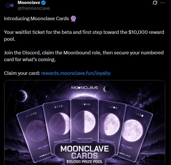 fahim6990's tweet photo. Just secured my numbered Moonclave Card 🌙 Loving the phases-of-the-moon concept — each card tied to a stage,  each one a step toward the $10K reward pool.  If you're into early community drops, Claim yours: https://t.co/D1GHEaJXyL

@themoonclave
#mooncleavecard https://t.co/tqKE4TkfmJ