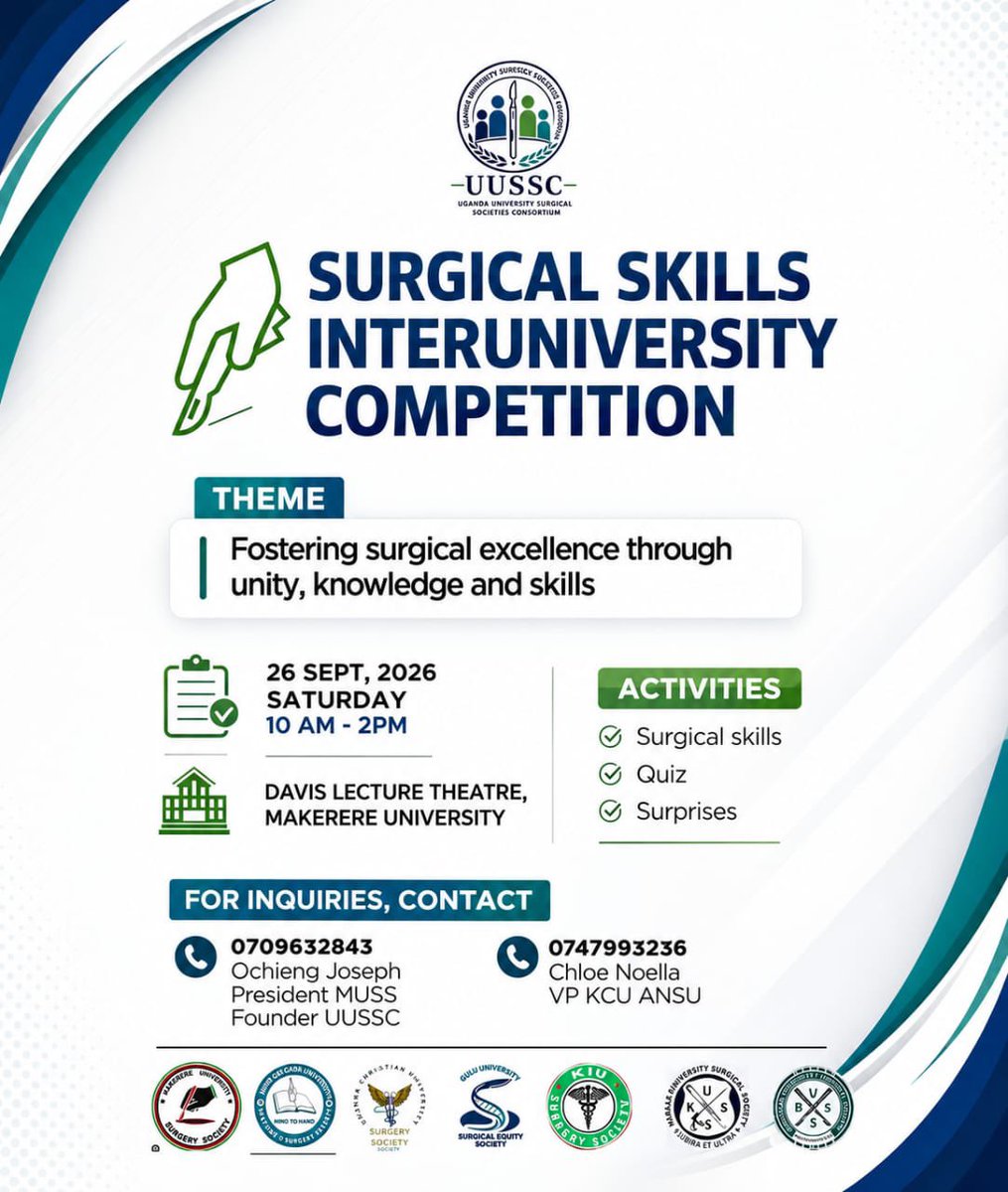 UUSSC26's tweet photo. 🩺 A historic first for Uganda’s medical students!
The 1st Inter-University Surgical Skills Competition is here,uniting university surgical societies to compete,learn&grow through excellence in surgical skills
🤝We invite sponsors&partners to join us
#UUSSC #SurgicalSkills2026 https://t.co/WJ2VDa9Huq