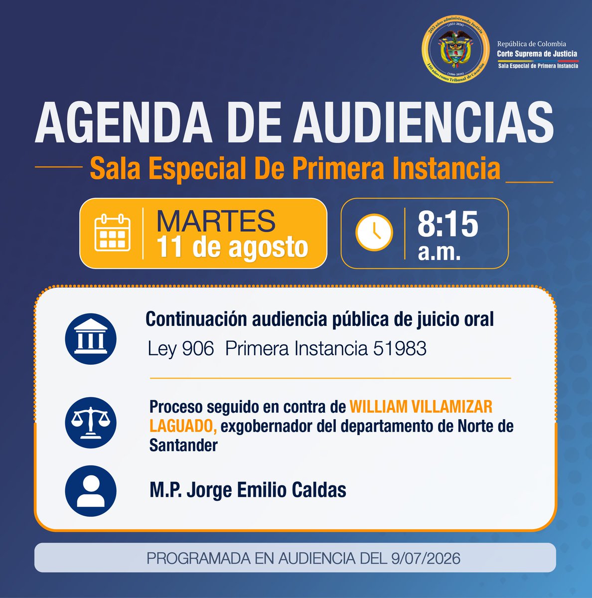 CorteSupremaJ's tweet photo. Audiencias públicas de hoy martes
Siga en directo las audiencias de la #SalaDePrimeraInstancia de la @CorteSupremaJ que son fijadas semanalmente y están sujetas a cambios por reagendamiento de la Sala. 
Encuentre aquí las diligencias programadas para hoy: https://t.co/YrFVvS3nvA https://t.co/dIML2HheK9