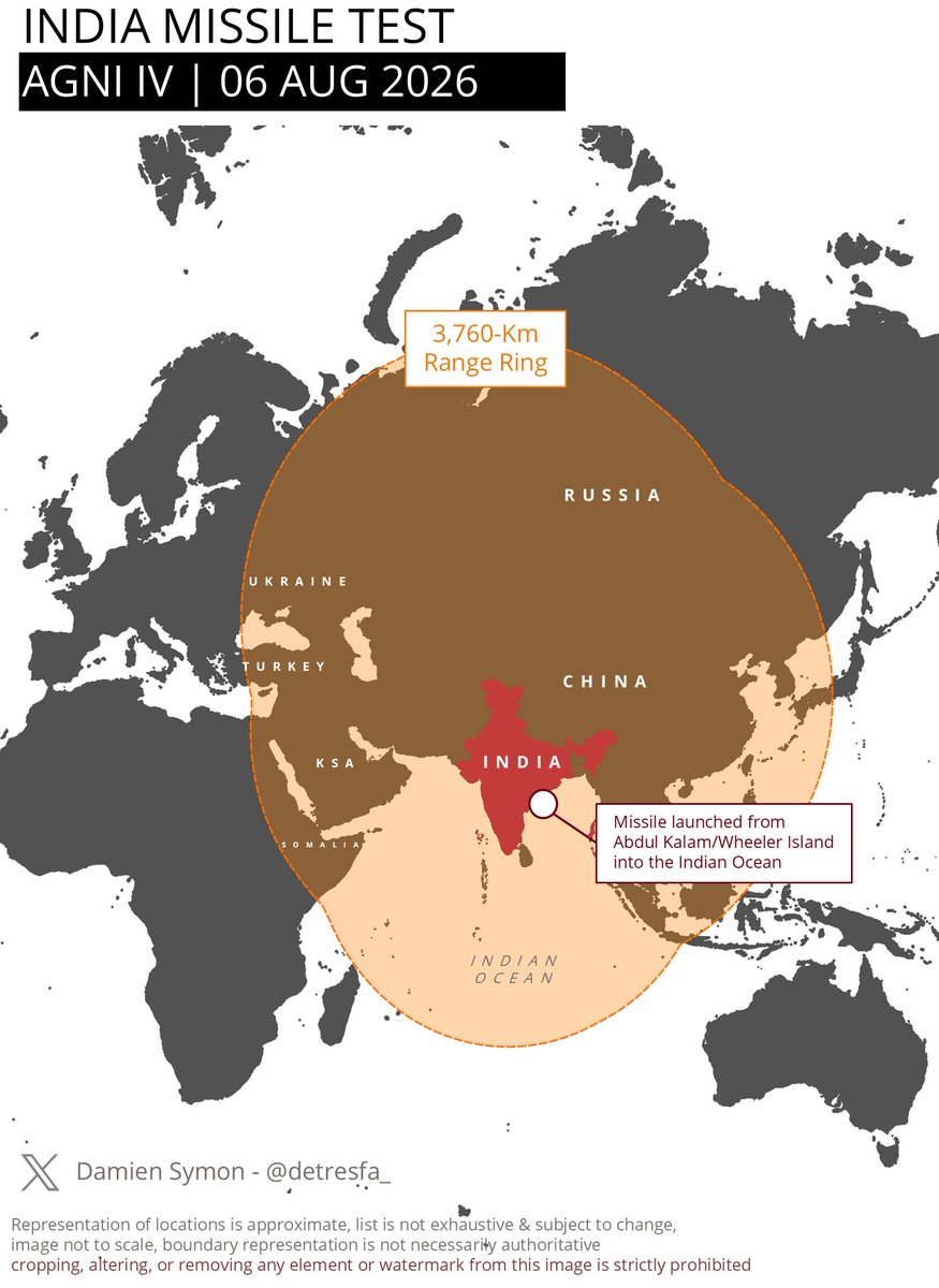 detresfa_'s tweet photo. India announces the successful test-firing of the Agni-4 Medium Range Ballistic Missile on Aug 06, 2026 - below is a map of the tested range as per the test notification https://t.co/wx0zTIhUzm