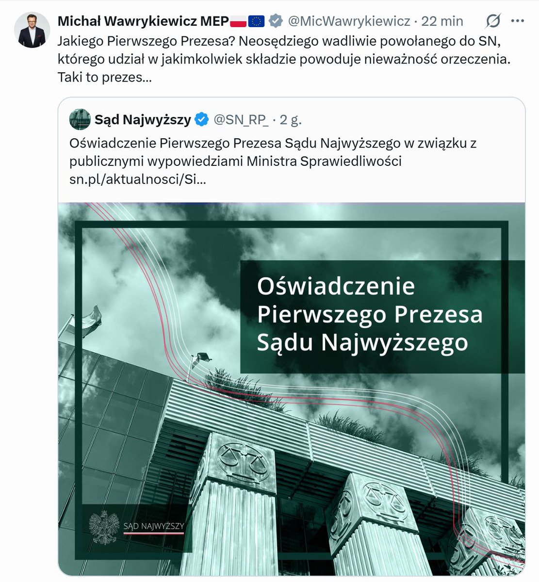 PatrykSlowik's tweet photo. Hahaha! Dla @MicWawrykiewicz jeden to neosędzia i wyroki nieważne. A gdy inne orzeczenie wydane przez, jak sam ich określa, neosędziego mu się podoba, to neosędziego nie widzi i orzeczenie ważne, godne wręcz pochwały. https://t.co/Ag9mxqZHEQ