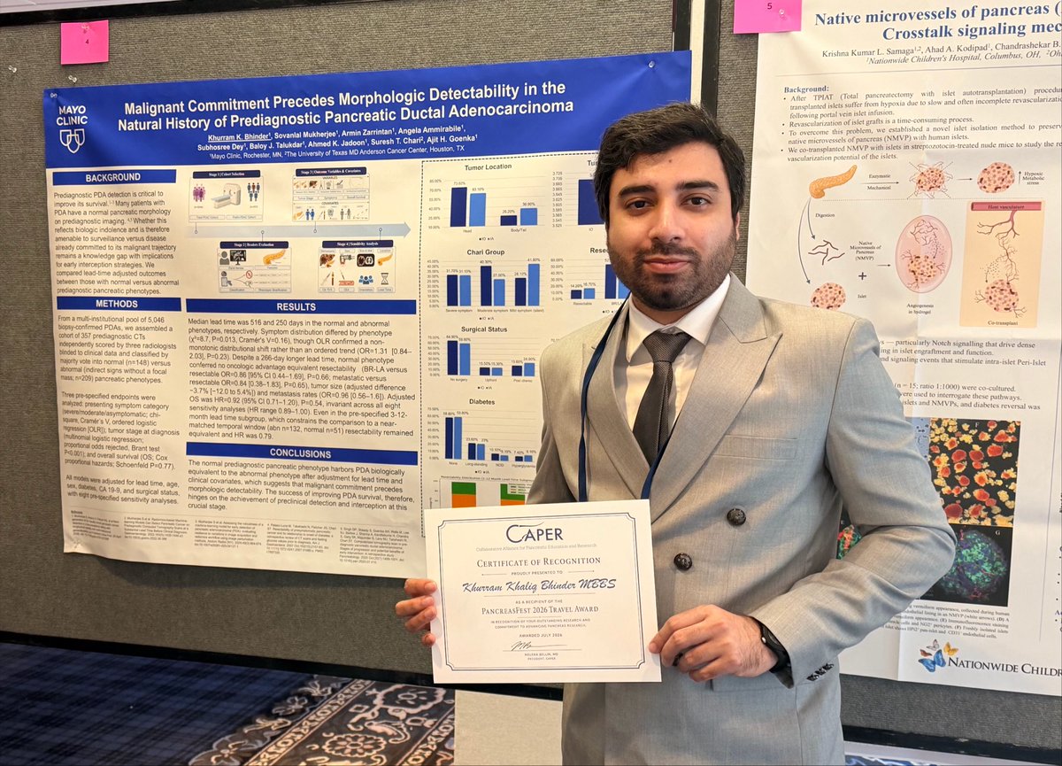 MayoRadiology's tweet photo. 🎉 Congratulations to Khurram Khaliq Bhinder, M.B.B.S., on receiving the PancreasFest 2026 Travel Award! A fellow in Mayo Clinic Radiology's AI and Molecular Imaging Program, led by Ajit H. Goenka, M.D. His research offers new insights into pancreatic cancer. #MayoClinic https://t.co/BuhmEDxsT3