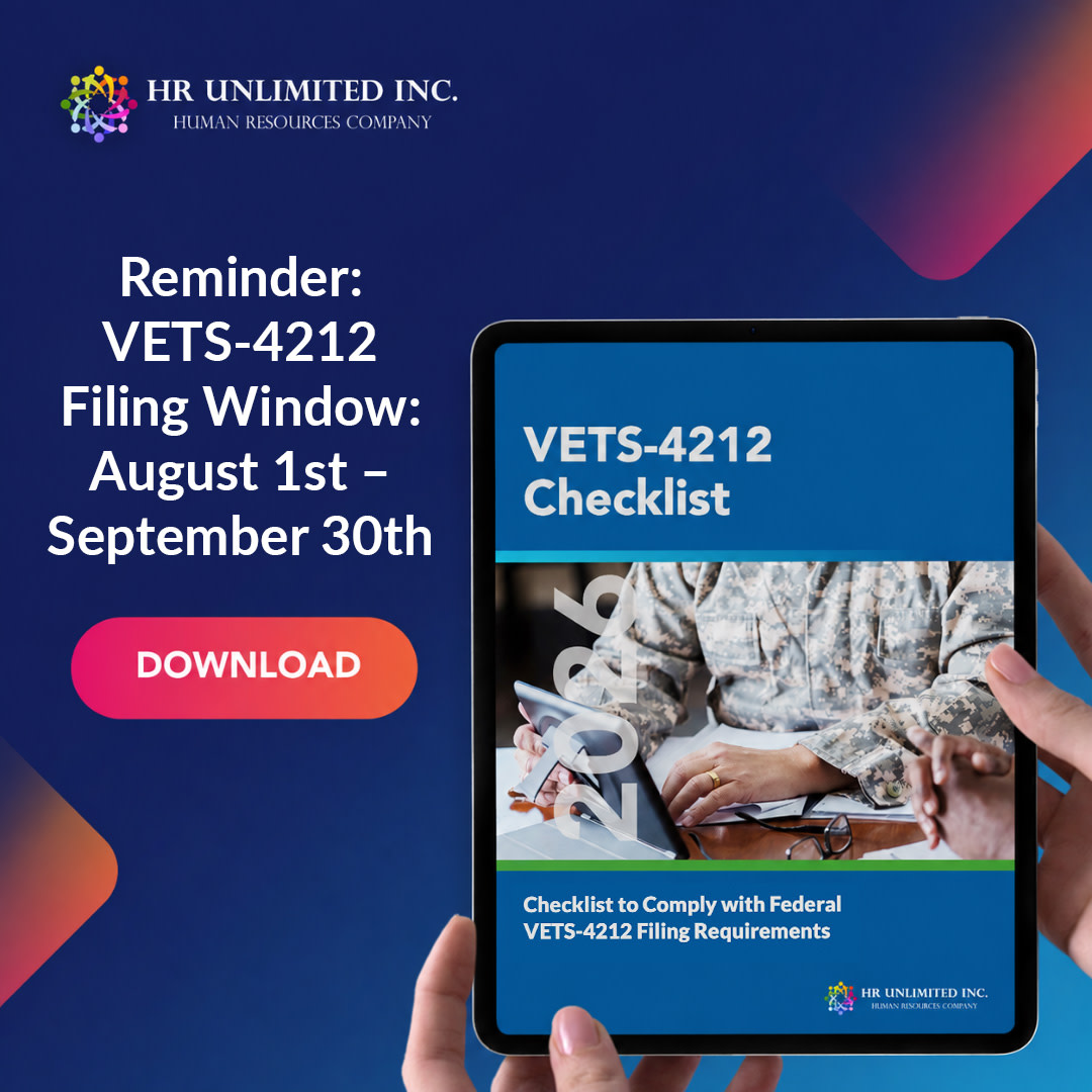 HR_Unlimited's tweet photo. The 2026 VETS-4212 filing window is open (Aug. 1–Sept. 30).

If you have a federal contract or subcontract of $150K+, your report may be due by Sept. 30.

Download our free checklist: https://t.co/NHKmW0YL8N

#VETS4212 #FederalContractors #HRCompliance https://t.co/6Al8CeiAE5