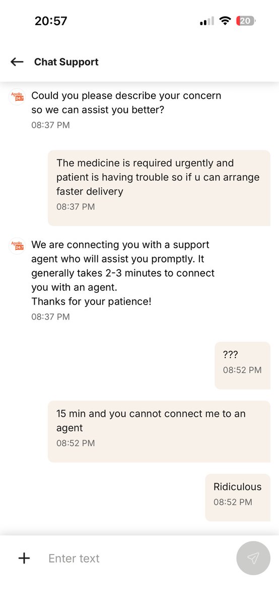 reet09101's tweet photo. @ApolloPharmacy @Apollo_Pharmacy even after multiple message for an emergency support your chat agent cudnt connect and asked me to wait for 2-3 min and till half an hour no reply . Disgusting https://t.co/EUONsfI4Pb
