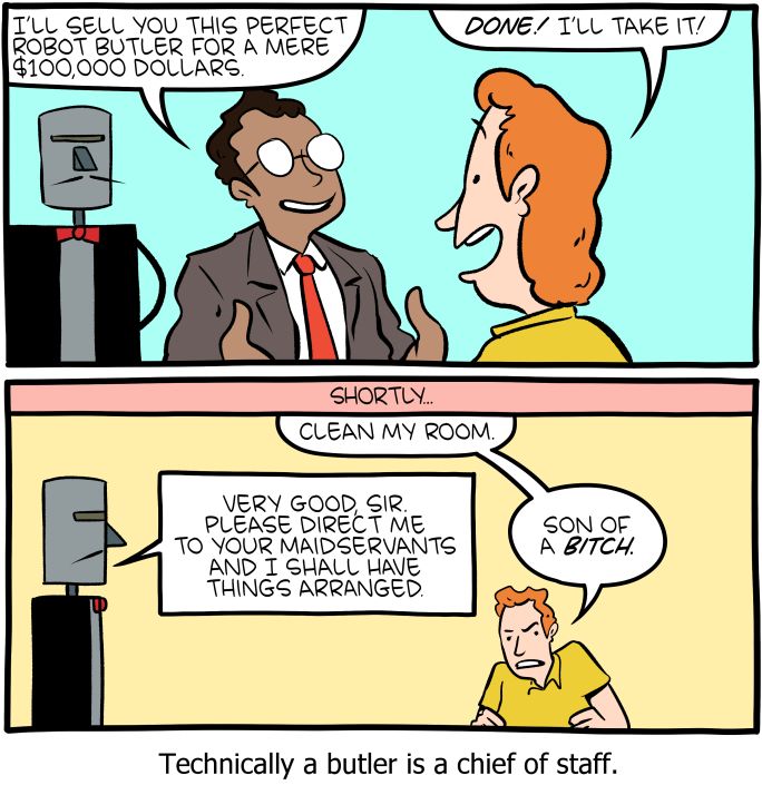 SMBCComics's tweet photo. If there are ever time travelers from the Regency period they will be so confused by our robot butler discourse.

COMIC ◆ https://t.co/MRGv98etpV
PATREON ◆ https://t.co/DYYMqy2KN8
STORE ◆ https://t.co/aRRj5Lx651 https://t.co/NtwkiGJ3GX