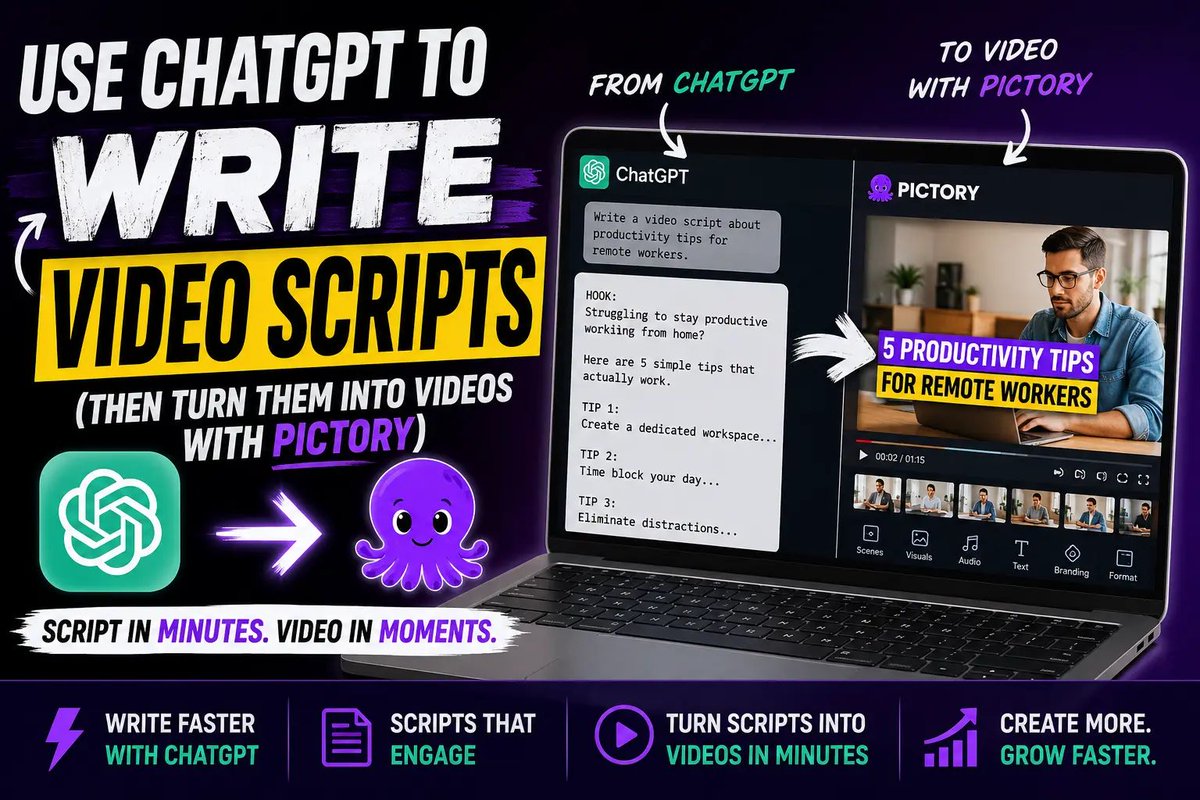 pictoryai's tweet photo. Turn ideas into videos faster.

Learn how to write better video scripts with ChatGPT, then transform them into polished videos with Pictory.

Learn more: https://t.co/bS3xjhrXS0 https://t.co/EfpC00MYvs