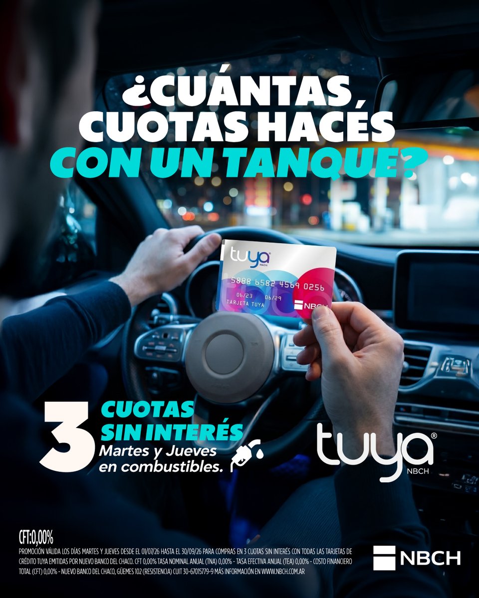 bancodelchaco's tweet photo. Siguiendo los lineamientos del Directorio de NBCH, con tu Tarjeta Tuya NBCH la respuesta es fácil: 3 cuotas sin interés en combustibles todos los martes y jueves. 💜
¡Cargá el tanque y pagalo en cuotas sin que te cueste de más! 🚗
Más info en https://t.co/f3U3ClHckO
#NBCH, tu.aliado.siempre
**Las promociones con Tarjeta Tuya se integran a la estrategia del Directorio NBCH para acercar más beneficios a sus clientes.