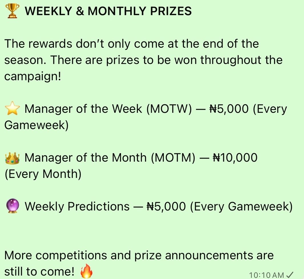 Tekkersfpl's tweet photo. Here are some of the prizes up for grabs in our ₦3,000,000 FPL prize pool this season! 🔥

Swipe through the screenshots and see what’s waiting for you.👀

🚨 More competitions and prizes are still to be announced… Stay tuned!

#FPL #FantasyPremierLeague #FPLNigeria #TekkersFPL https://t.co/jYqj9rk8x1