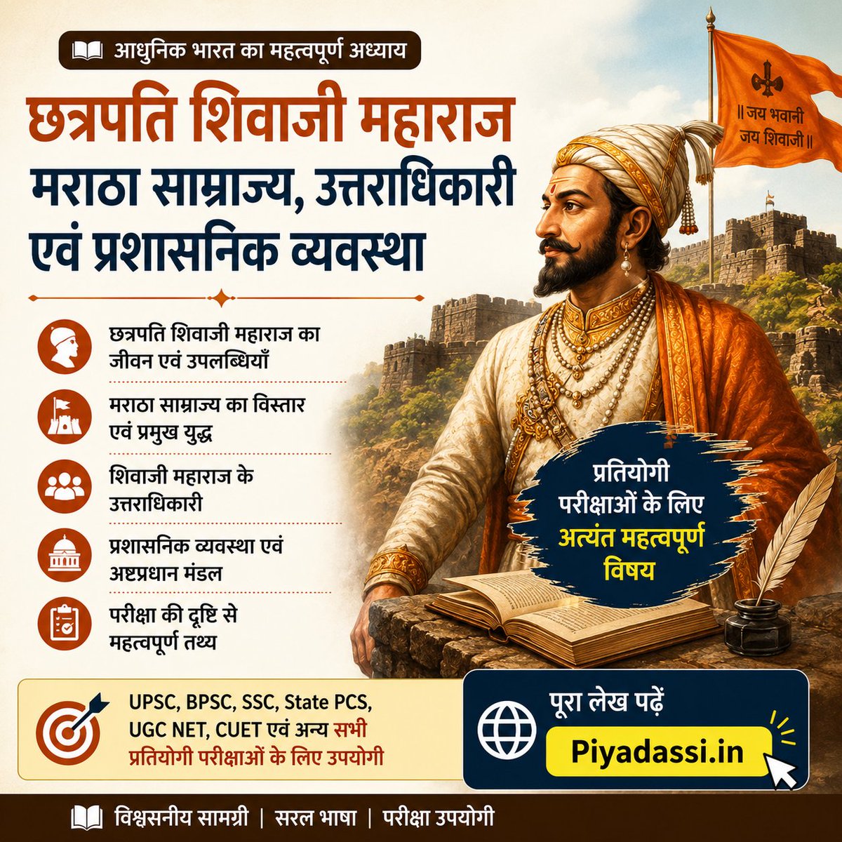 PiyadassiEdu's tweet photo. ⚔️ शिवाजी महाराज को केवल एक वीर योद्धा के रूप में नहीं, बल्कि एक कुशल प्रशासक के रूप में भी जानिए।
मराठा साम्राज्य, उत्तराधिकारी, अष्टप्रधान मंडल और परीक्षा के महत्वपूर्ण तथ्य—एक ही लेख में।
🔗 https://t.co/opEaWJqjT6
#ShivajiMaharaj #UPSC #BPSC #IndianHistory https://t.co/zjcPjKI7ug