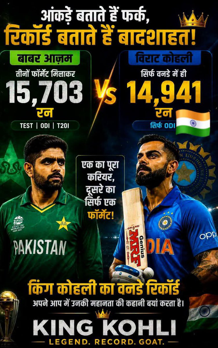 Parmar_boy007's tweet photo. बाबर आज़म के तीनों फॉर्मेट मिलाकर 15,703 रन, जबकि विराट कोहली के सिर्फ वनडे में ही 14,941 रन! 😳🔥

किंग कोहली का वनडे रिकॉर्ड अपने आप में उनकी महानता की कहानी बयां करता है। इन दोनों प्लेयरों में से बेस्ट कौनसा है कमेंट में जरूर करें 👑🇮🇳❤️ https://t.co/lSFmGC55WT
