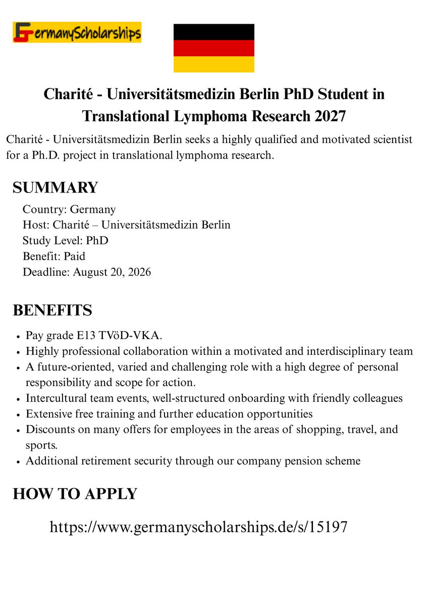 germanyscholars's tweet photo. Charité - Universitätsmedizin Berlin PhD Student in Translational Lymphoma Research 2027
#GermanyScholarships #StudyInGermany https://t.co/wsPBXojJ5c