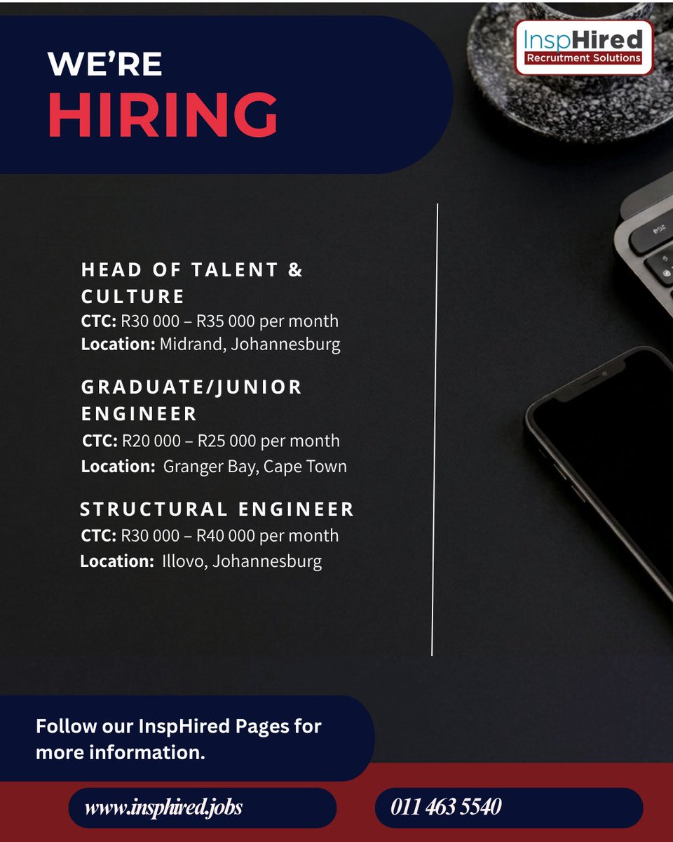 InspHiredSA's tweet photo. Head of Talent & Culture https://t.co/qui6WymTt3
Graduate/Junior Engineer https://t.co/6PbyI1RpQD
Structural Engineer https://t.co/will8iGiRL
#OpenRoles #ApplyNow #WeAreHiring #EngineeringJobs #StructuralEngineer #JohannesburgJobs #ConstructionJobs https://t.co/qe0FpBGg9b