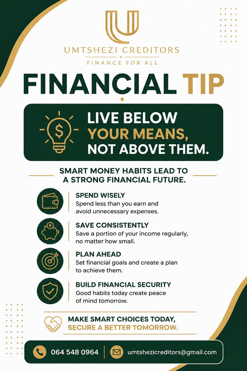 uMtsheziCredit's tweet photo. π¨ Financial Tips with uMtshezi Creditors.
Live below your means.
#financialadvisors #financialeducation #creditaccess #financialrelief #umtshezicreditors https://t.co/9A2H70x6QF