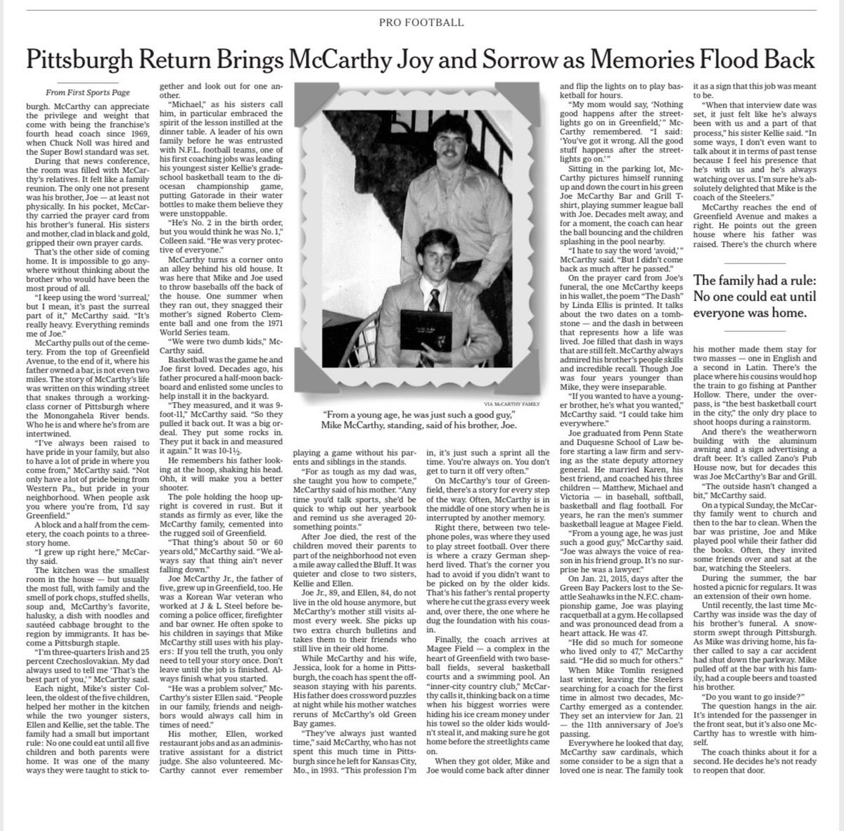 MikeDeFabo's tweet photo. Today in the print edition of the @nytimes: 

Mike McCarthy’s homecoming brings him back to the neighborhood he loves and the memories of the brother he lost. https://t.co/DqSoYDARO0