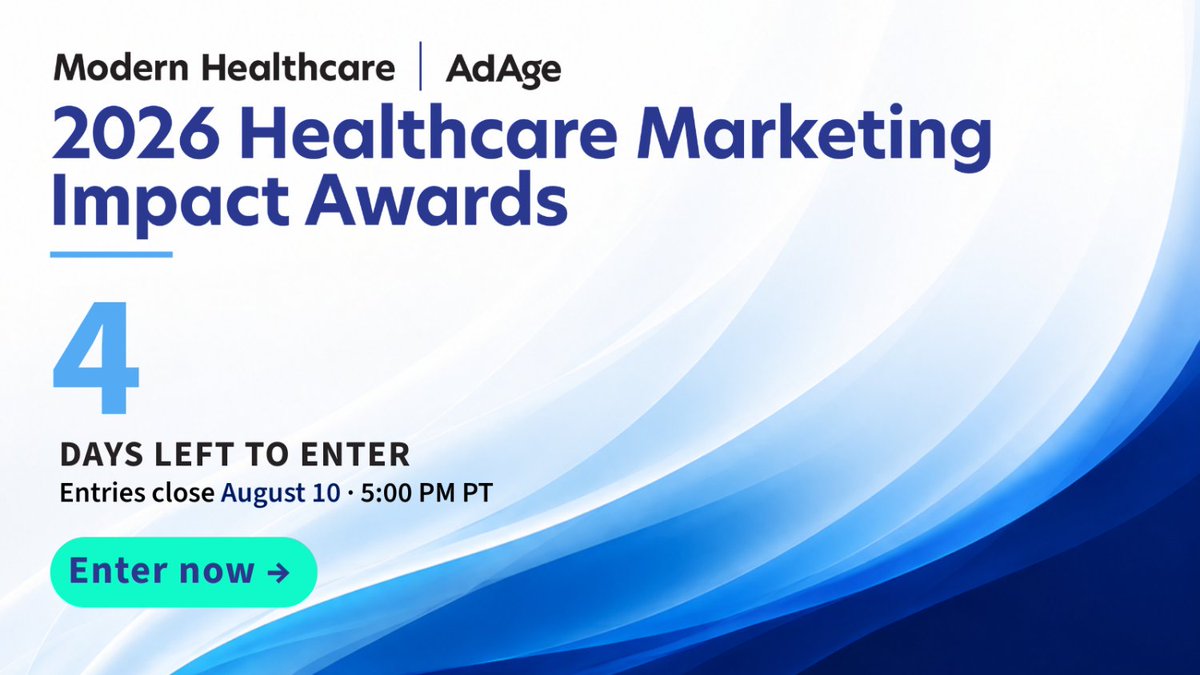 modrnhealthcr's tweet photo. 4 days left to enter.

Submit your campaign before Aug. 10 at 5 p.m. PT.

Enter today:https://t.co/OQyyYtyLXI https://t.co/UlQFlqq6sY