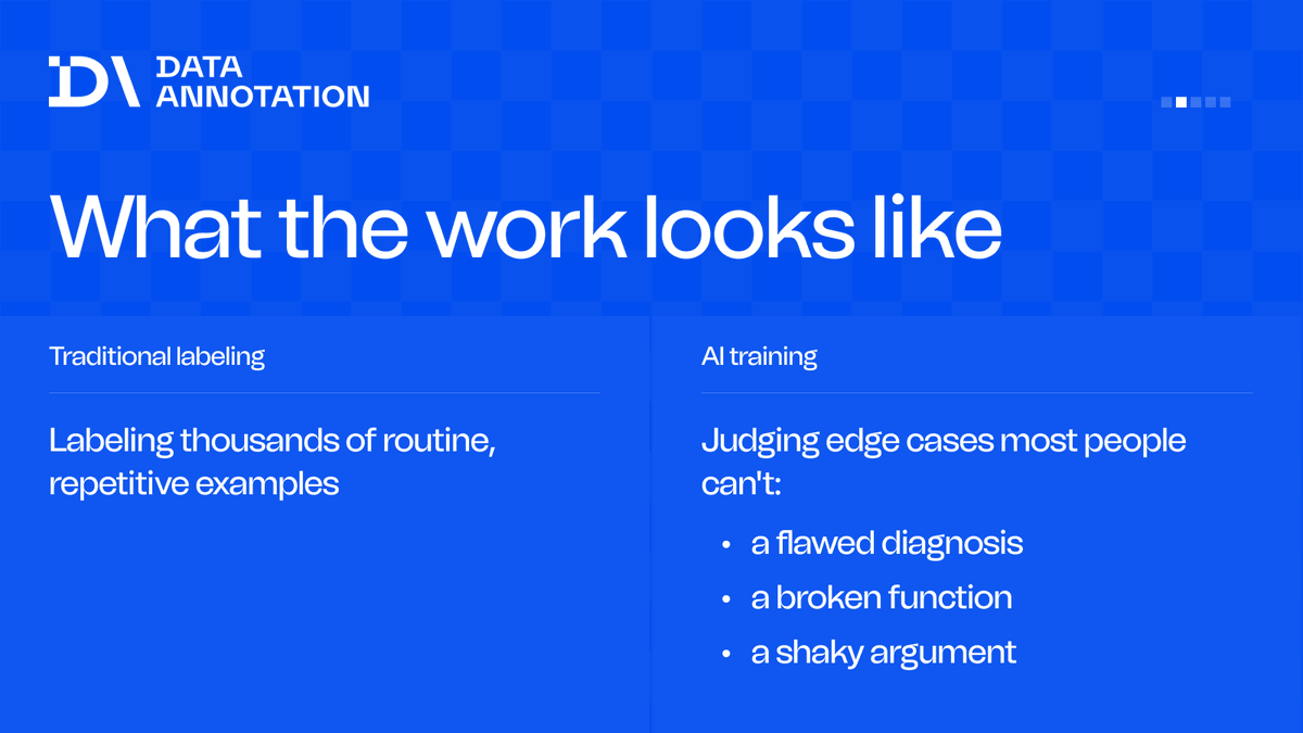 Data_Annotation's tweet photo. Data labeling and AI training aren’t the same job. DataAnnotation contributors do the latter, at rates that reflect it.

Swipe through to see what sets them apart. https://t.co/WjcbkwoocL