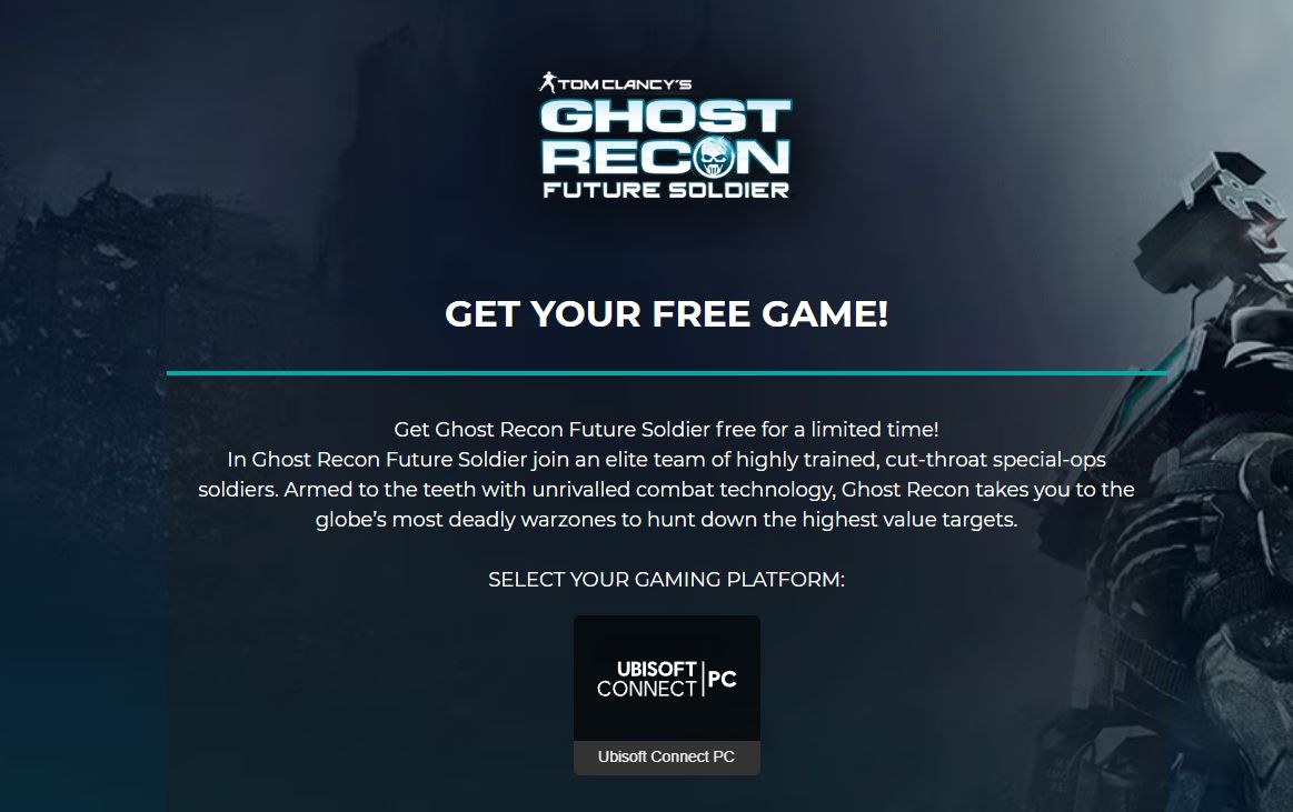 Wario64's tweet photo. Tom Clancy's Ghost Recon Future Soldier (PC) is free on Ubisoft Connect https://t.co/AugGkaYvOJ 

Store link if the first link doesn't work: https://t.co/A7kSVMwVfD https://t.co/7HdVMEYIUK