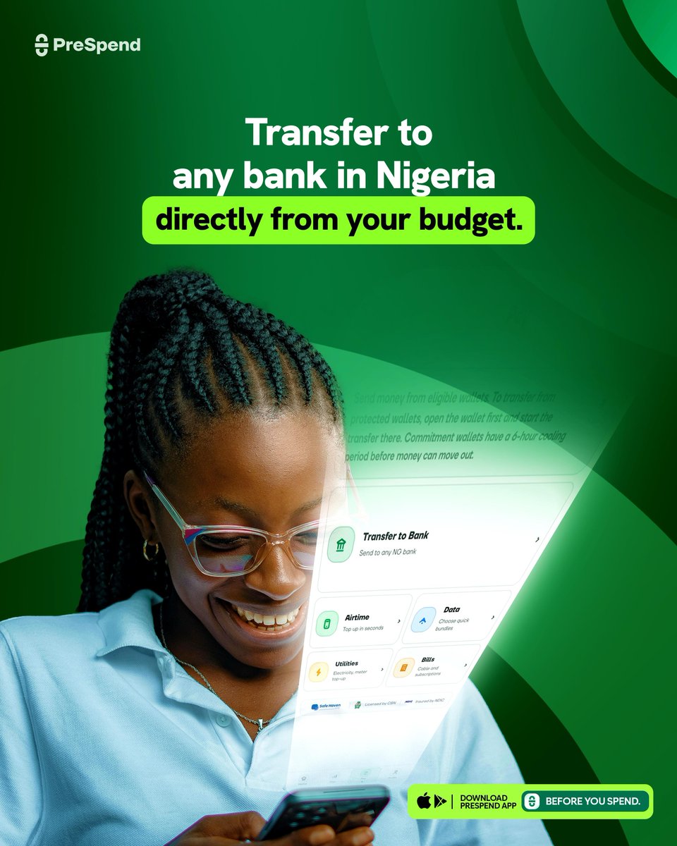 useprespend's tweet photo. Budgeting is great? But do you know what's better? Spending from your budget.
With PreSpend, you can transfer money to any Nigerian bank directly from your budget while staying on track.

Download now  https://t.co/6Iq26DmCNQ https://t.co/clU2jrpZOC