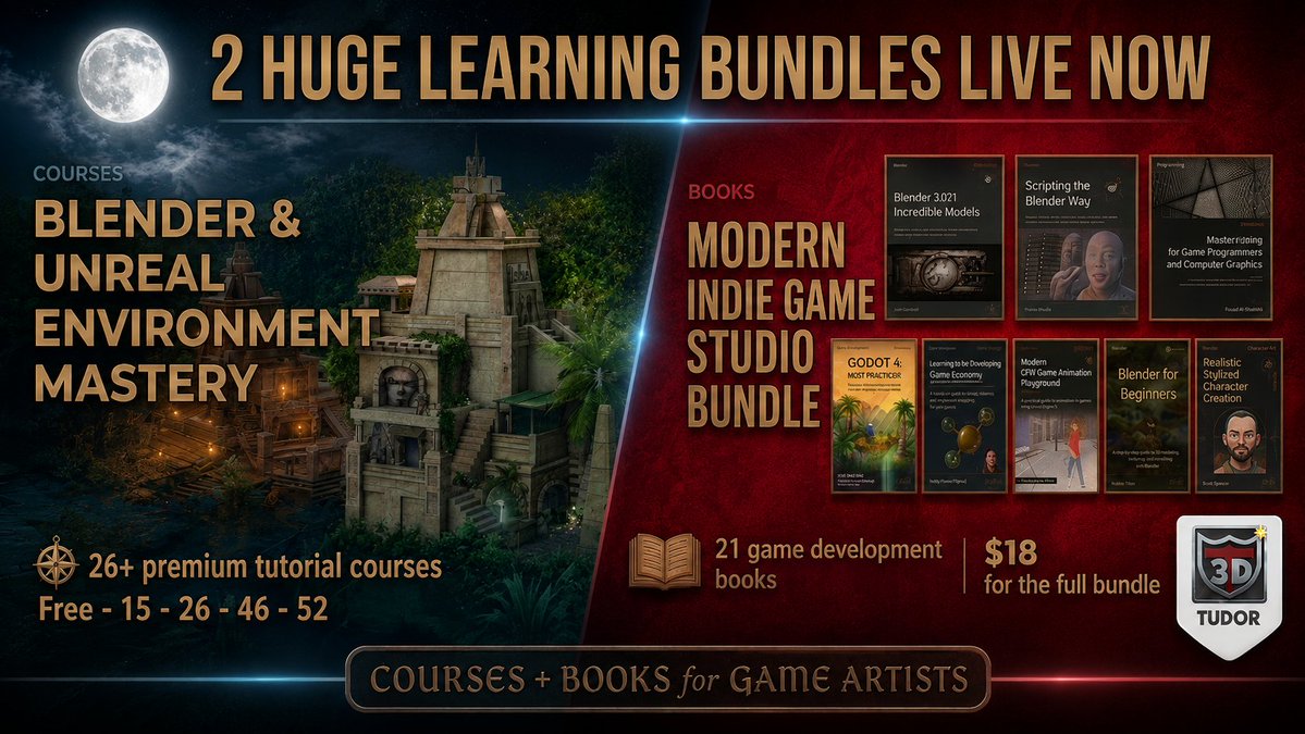 ThreeDTudor's tweet photo. Two huge learning bundles are live!
27 Blender + Unreal Engine courses at over 96% off:
https://t.co/6BKNeP9Te4
21 game-dev books for €18.80, including our Blender book:
https://t.co/wkDZ7i1Gz3
#3DTudor #humblebundle #bundlefoundry #3d #3dmodeling #cgart https://t.co/Febdh32OPH