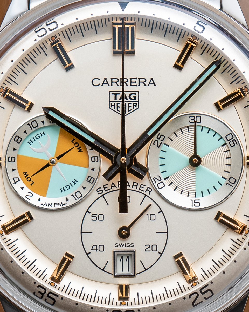 baldassarreted's tweet photo. The Carrera Seafarer feels like the kind of watch enthusiasts have been asking major brands to make more often.

TAG Heuer looked back to its maritime history and revived one of its most unusual complications. The champagne dial, colorful tide display, and 42mm Glassbox case give the Seafarer a personality unlike anything else in the current Carrera collection, while the TH20-04 automatic movement brings the concept firmly into the modern era.

What do you think of the Carrera Seafarer?