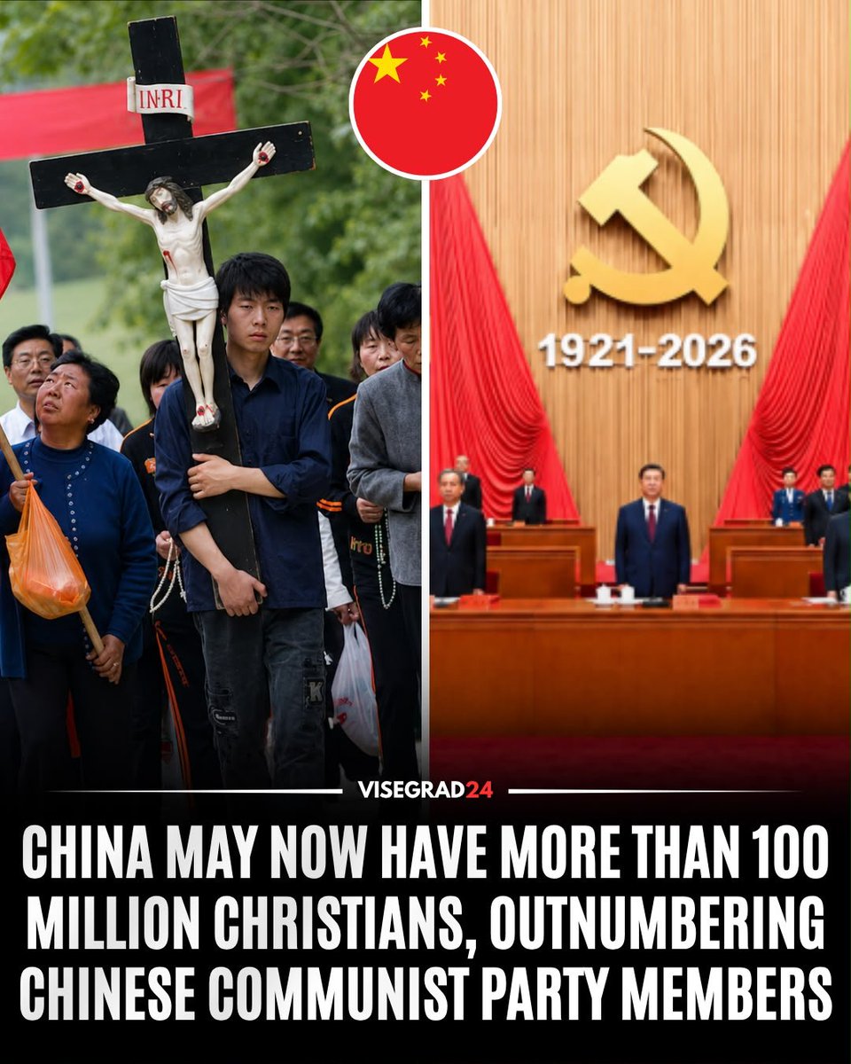 visegrad24's tweet photo. Official Chinese figures report around 44 million Christians (about 38 million Protestants and 6 million Catholics) registered with state-approved churches.

However, independent researchers and human rights groups estimate that, when including members of unregistered "house churches," the total Christian population could exceed 100 million, potentially surpassing the Chinese Communist Party's roughly 98 million members.

China officially recognizes only state-sanctioned churches, while many underground congregations operate outside government control and have faced surveillance, raids, and other restrictions as authorities continue to enforce the policy of "Sinicization," requiring religious groups to align with Communist Party oversight and socialist values.