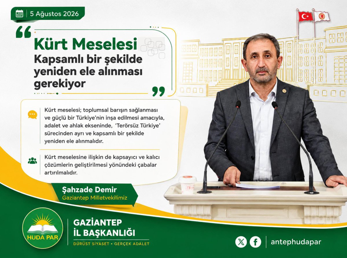 antephudapar's tweet photo. "Kürt meselesi; toplumsal barışın sağlanması ve güçlü bir Türkiye’nin inşa edilmesi amacıyla, adalet ve ahlak ekseninde,  'Terörsüz Türkiye' sürecinden ayrı ve kapsamlı bir şekilde yeniden ele alınmalıdır.

Kürt meselesine ilişkin de kapsayıcı ve kalıcı çözümlerin geliştirilmesi yönündeki çabalar artırılmalıdır."

Şahzade Demir | Gaziantep Milletvekilimiz

#HÜDAPAR #KürtMeselesi #Gaziantep