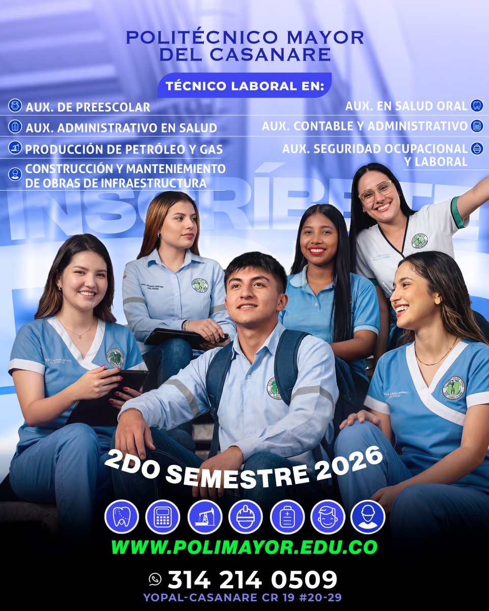 Poli_Mayor's tweet photo. Últimos cupos | Cierre de inscripciones 2-2026
¿Aún no decides qué estudiar?

En Polimayor Yopal encuentras programas técnicos laborales y jornadas compatibles con tus actividades.

Más de 19 años formando talento para la Orinoquía

@Poli_Mayor https://t.co/uNTH5dKkza