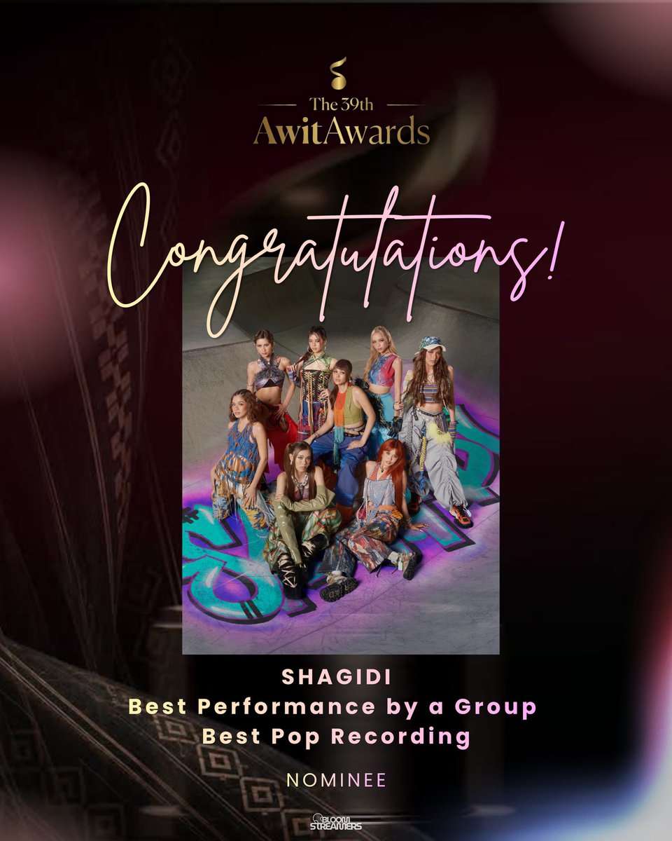 BloomStreamers's tweet photo. Congratulations to BINI on receiving four nominations at the 39th Awit Awards!

• Best Performance by a Group — Shagidi
• Best Pop Recording — Shagidi
• Best R&B Recording — Katabi
• Best Global Collaboration Recording — Blink Twice (Dos Veces Remix)

These nominations are a well-deserved recognition of your artistry, dedication, and the impact your music continues to make. Wishing you all the best on awards night.

Congratulations once again, BINI! 🌸

#BINI #BINI_39thAwitAwards