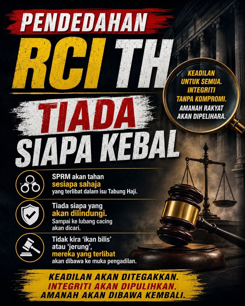 sky_see09's tweet photo. Tiada Siapa Kebal

SPRM akan tahan sesiapa sahaja yang terlibat dalam isu Tabung Haji. Tiada siapa yang akan dilindungi. Sampai ke lubang cacing akan dicari. 

Tidak kira ‘ikan bilis’ atau ‘jerung’, mereka yang terlibat akan dibawa ke muka pengadilan.

#RCITabungHaji #SPRM https://t.co/X4ifAIS04c