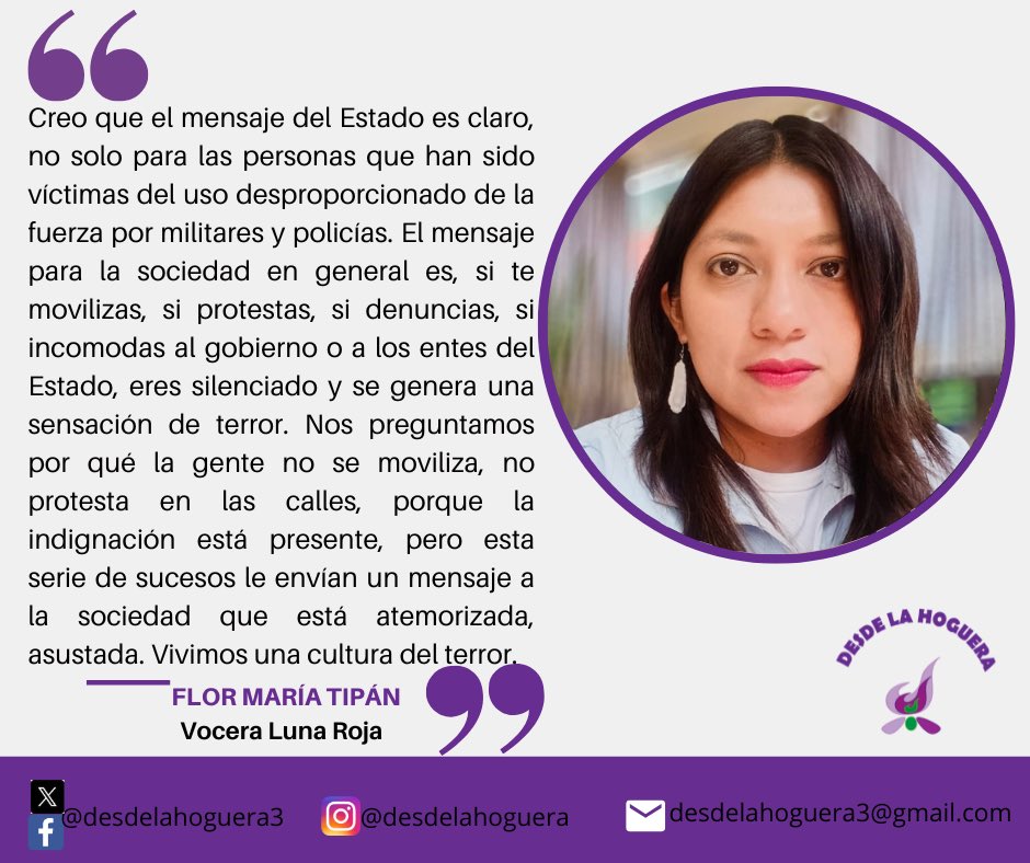 DesdeLaHoguera3's tweet photo. “Si te movilizas, si protestas, si denuncias, si incomodas al gobierno…, eres silenciado”. Lo dijo la vocera de @LunaRojaMujer en @DesdeLaHoguera3 #justiciasocial #derechoshumanos #derechosdelasmujeres https://t.co/PgyjdZ1bH3