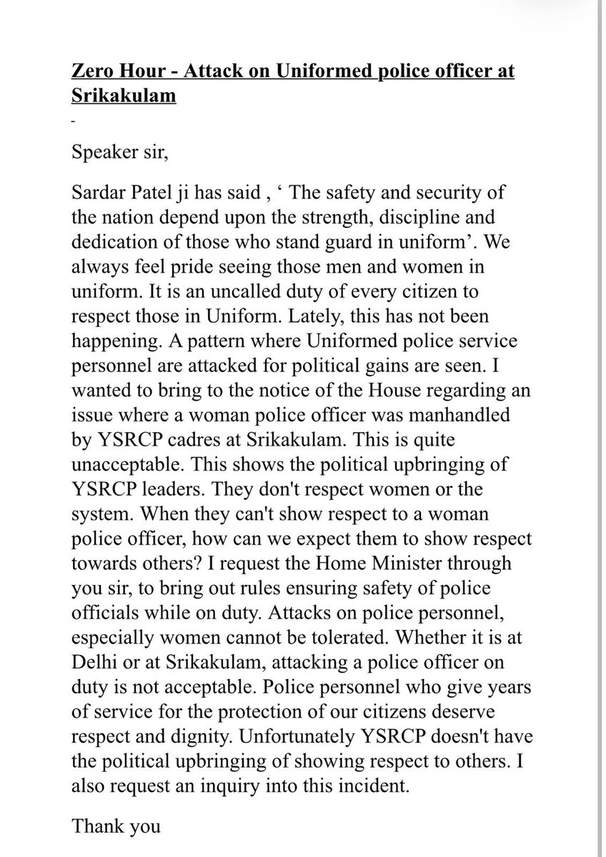 ByreddyShabari's tweet photo. Raised this issue during #ZeroHour in Parliament, strongly condemning the attack by YSRCP cadres on a woman police officer in Srikakulam. Assaulting police personnel on duty is unacceptable and deserves strict action. Our uniformed officers must be treated with respect and dignity.