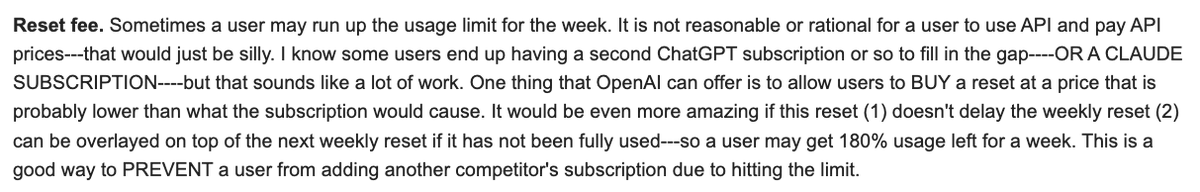 weikeng's tweet photo. I was one of the users who sent that idea to gdb back then when he was collecting ideas :) I wonder if OpenAI can gift a banked reset for predicting what eventually goes into products. @thsottiaux https://t.co/EzO0IQPf73