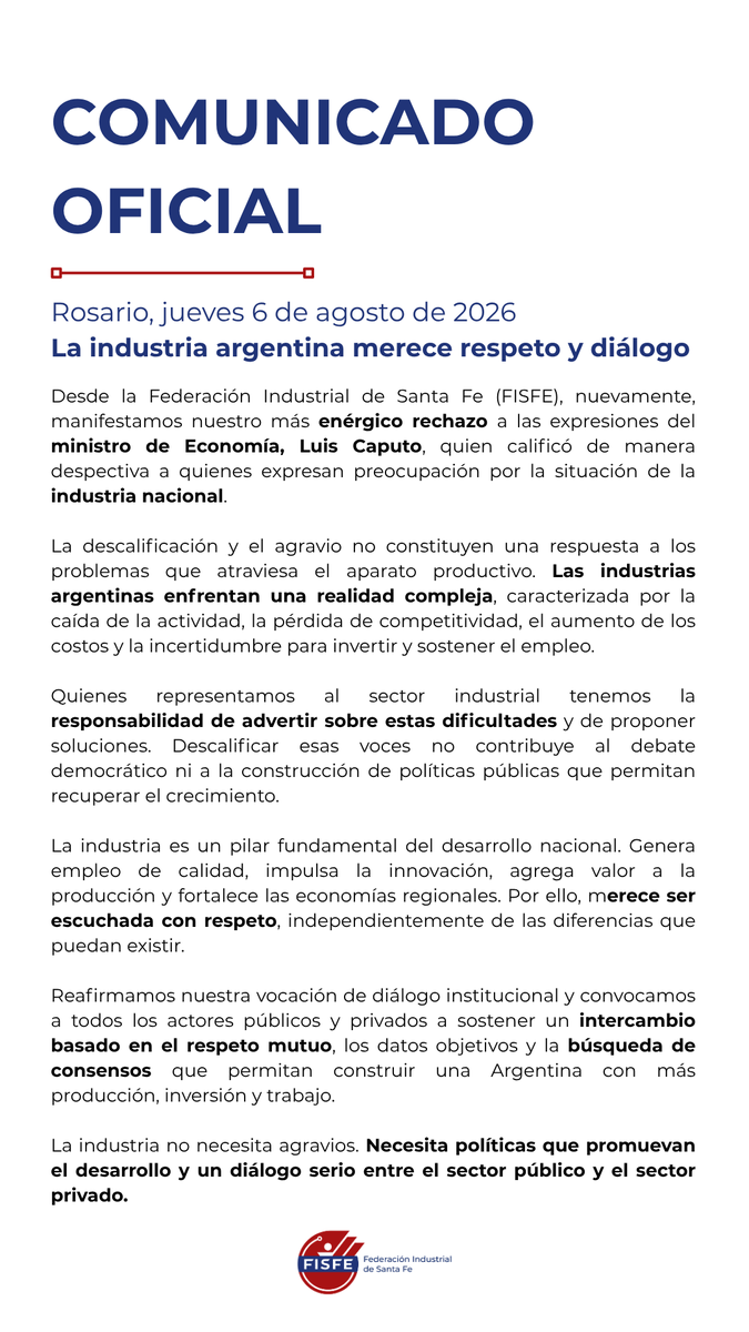 fisfeindustria's tweet photo. Comunicado oficial de FISFE en relación con las declaraciones agraviantes del ministro de Economía, Luis Caputo. https://t.co/UIVJZuWIMs