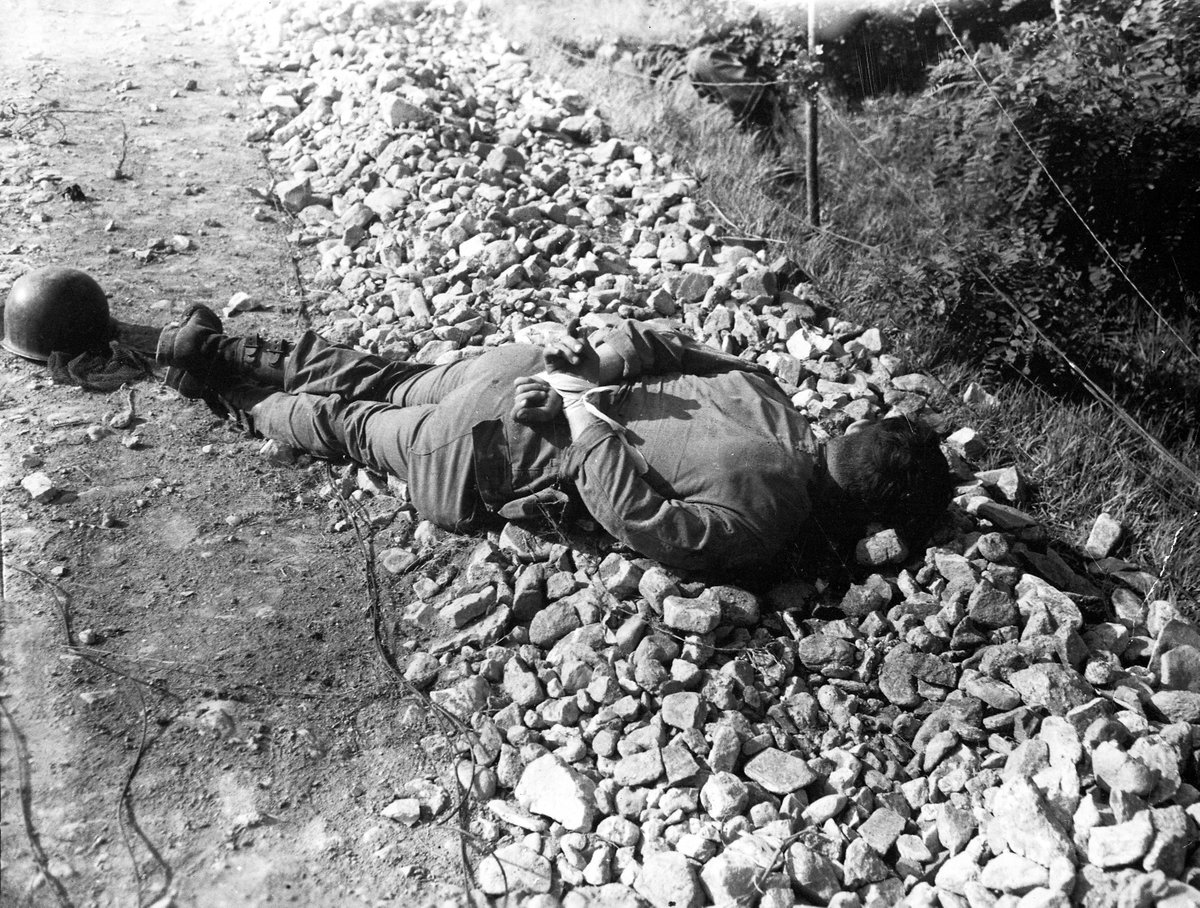 ForgottenWarPic's tweet photo. One of four Americans of the 21st Infantry Regiment found between the forward observation post and the front line. The men were probably captured the night of July 9 and shot through the head with their hands tied behind their backs. Picture taken July 10, 1950 https://t.co/TXpvqiL3h0