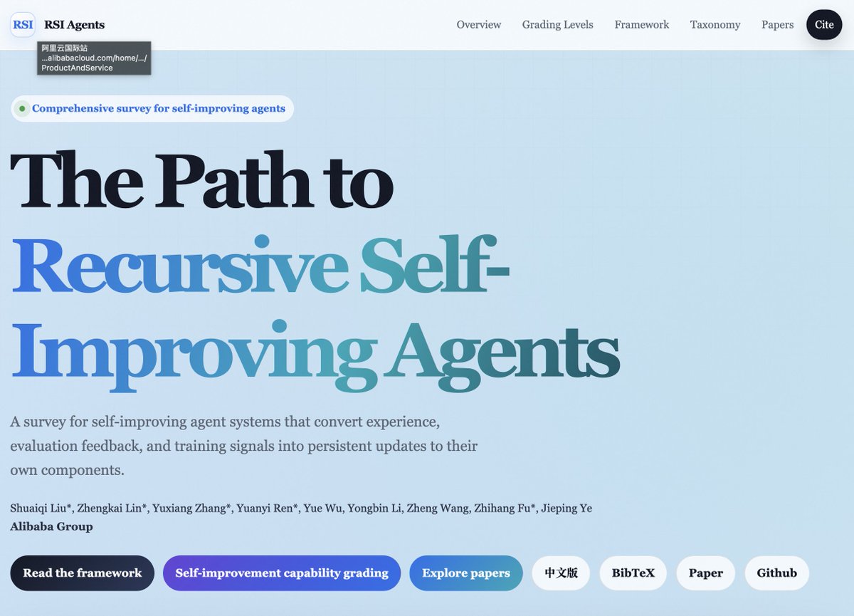 Fostor_HUNT's tweet photo. What does it take for an AI agent to improve not just its behavior, but the process by which it improves?

We’re excited to share our new survey:

The Path to Recursive Self-Improving Agents
Foundation. Framework. Future directions.

Paper: https://t.co/xmXmVQsMcz https://t.co/IBlN22Ndtx