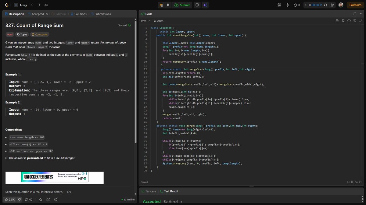 Ankitdotdev's tweet photo. Day 197/365 of the DSA grind! 
Graphs & Divide and Conquer:
• Longest Increasing Path (Hard): Prevented TLE by using DFS with a 2D Memoization array!
• Count of Range Sum (Hard): Combined Prefix Sums with a hacked Merge Sort to count valid range bounds in O(N log N) time!
• Reconstruct Itinerary (Hard): Built the graph using Priority Queues and used Hierholzer's Algorithm (Eulerian Path) to cleverly build the itinerary in reverse!

#DSA #Java #100DaysOfCode #LeetCode #GraphTheory #Algorithms
