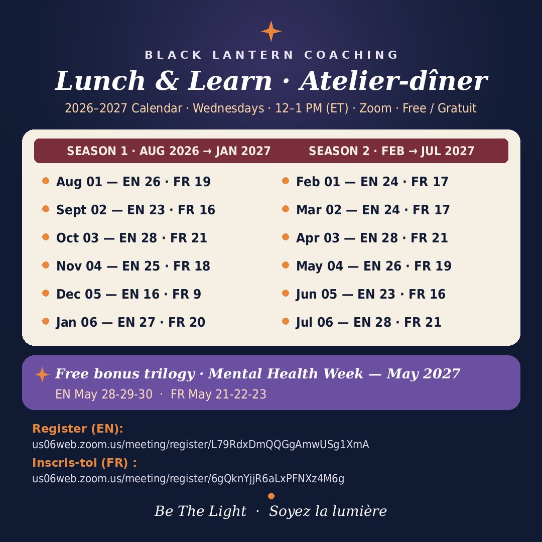MJassinthe's tweet photo. 🎉 By popular demand: a FREE monthly rendez-vous!
The Black Lantern Coaching Lunch &amp; Learn 🥂
📅 Every 4th Wednesday · 🕛 12-1 PM (ET) · 💻 Zoom
✨ First edition Aug 26: "You Are Already Rich"
👉 https://t.co/MC6mevShoU
Be The Light ✨ https://t.co/u55SqWCMWy