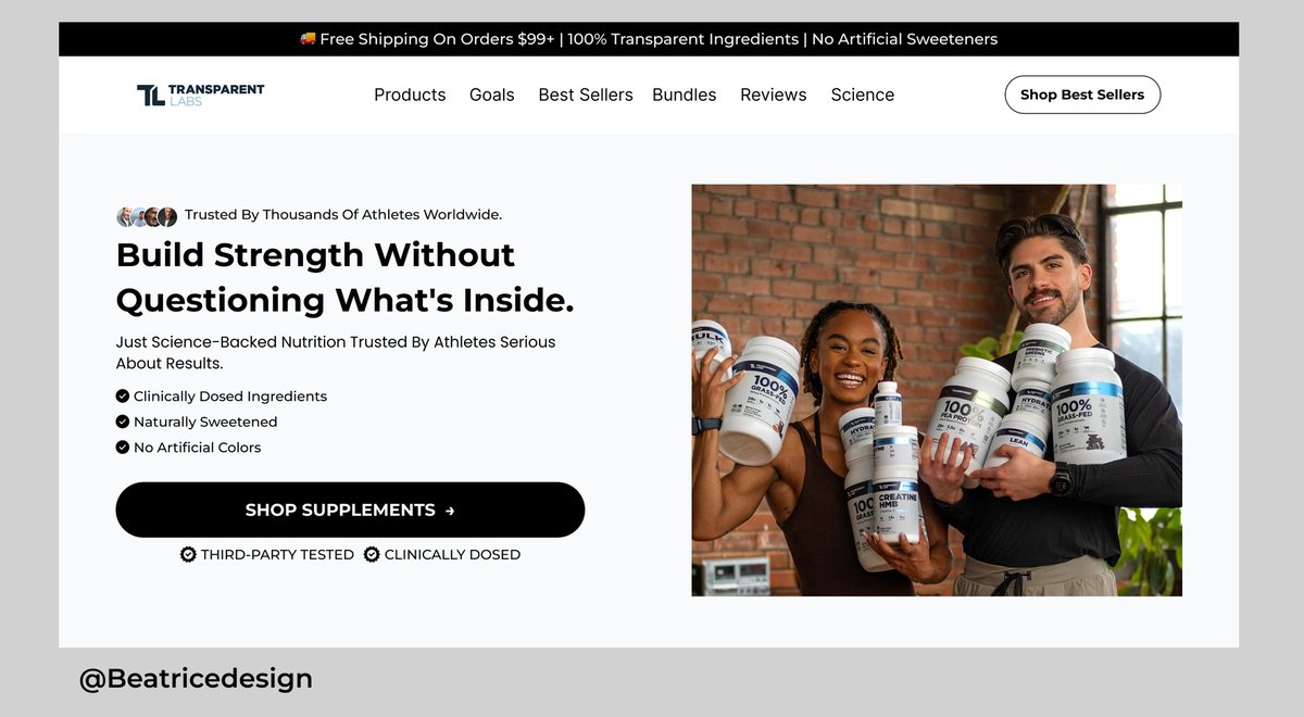 BeatriceReplo's tweet photo. Redesigned the hero section for Transparent Labs today.

Most brands think the hero section is where you introduce the product.

I think it's where you remove doubt.

That's the standard I designed for.
#LandingPage #DTC #Ecommerce #CRO #Figma https://t.co/zvqJhSrfXD