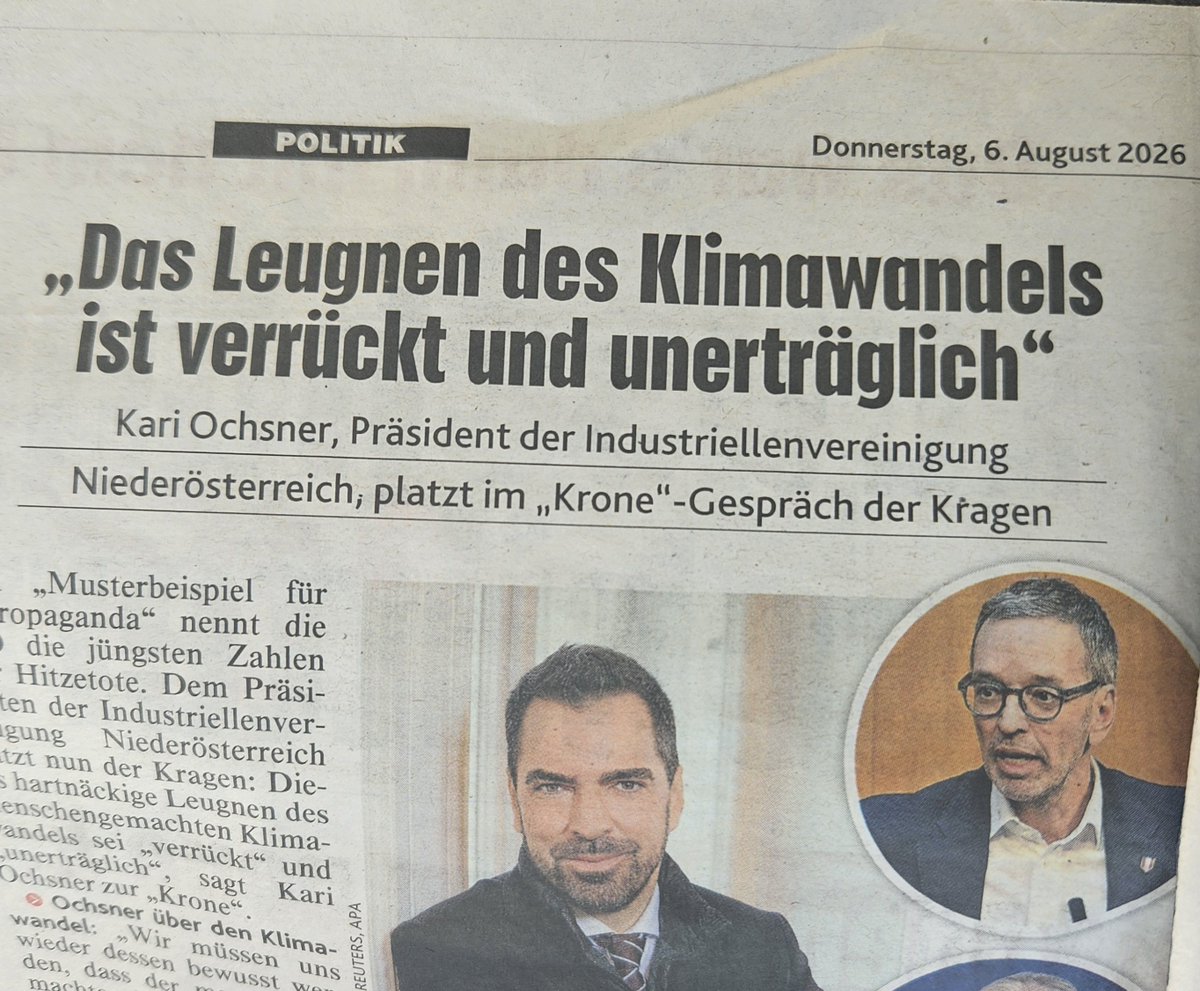 kaeferboeck's tweet photo. 🇦🇹 Leugner des Klimawandels

Genau diese Leute sind die Hetzer, welche einen Teil der Bevölkerung als Leugner und Lügner bezeichnen, weil ein Teil dem täglichen Katastrophalismus und der Verbreitung von Angst und Panik nicht folgt und Leute wie Trump oder auch Tschechien, welche vor Kurzem die Klimakrise für beendet erklärt haben, weil sie verstanden haben, dass wir ohne funktionierende Wirtschaft gar nichts können.

Wir können keine Staubecken bauen, keine Klimaanlagen in die Spitäler einbauen und keine Wasserleitungen errichten. Alles hängt an der Wirtschaft und Industrie.

Nein, Herr Ochsner. Wir sind keine Leugner. Nur Menschen, die sich nicht jede Lüge aufs Auge drücken lassen und einem Katastrophalismus nicht folgen, mit dem sich verschiedene Leute eine goldene Nase verdienen.

Legen Sie einmal Ihre möglichen Unternehmensbeteiligungen, Wertpapiere und Aktien offen, damit wir prüfen können, ob Sie nicht vielleicht einer von denen sind, die an der Aufrechterhaltung dieser Angst und Panik gutes Geld verdienen.
#klimahysterie #klima #orf #zib #zib1 #zib2