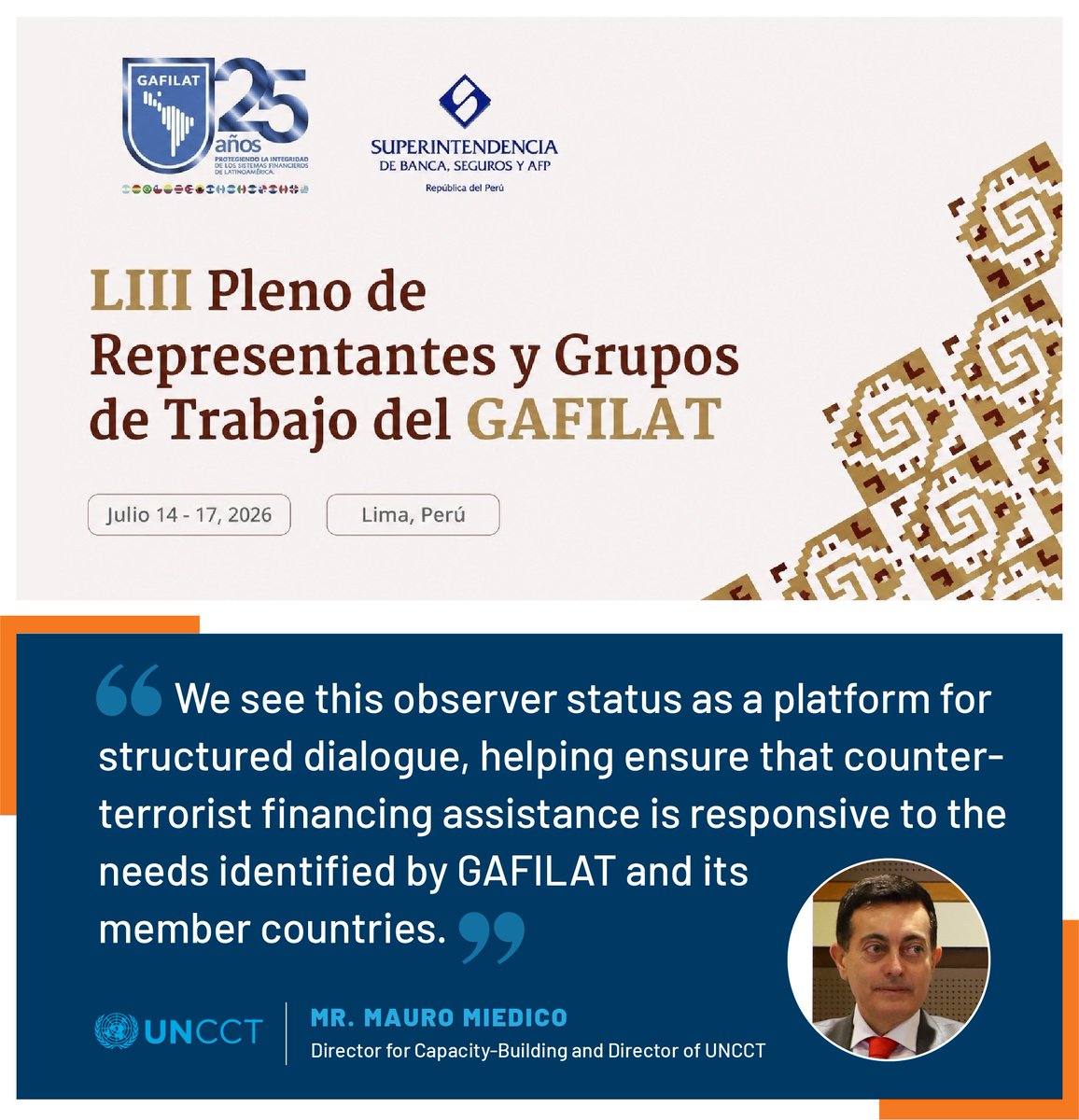 UN_OCT's tweet photo. We welcome @GAFILAT’s approval of @UN_OCT’s application for Observer Status, marking an important step in strengthening cooperation between the @UN #CounterTerrorism architecture and the #FATF Global Network in Latin America.
#CFT #UniteToCounterTerrorism https://t.co/CdzE8jrY1W