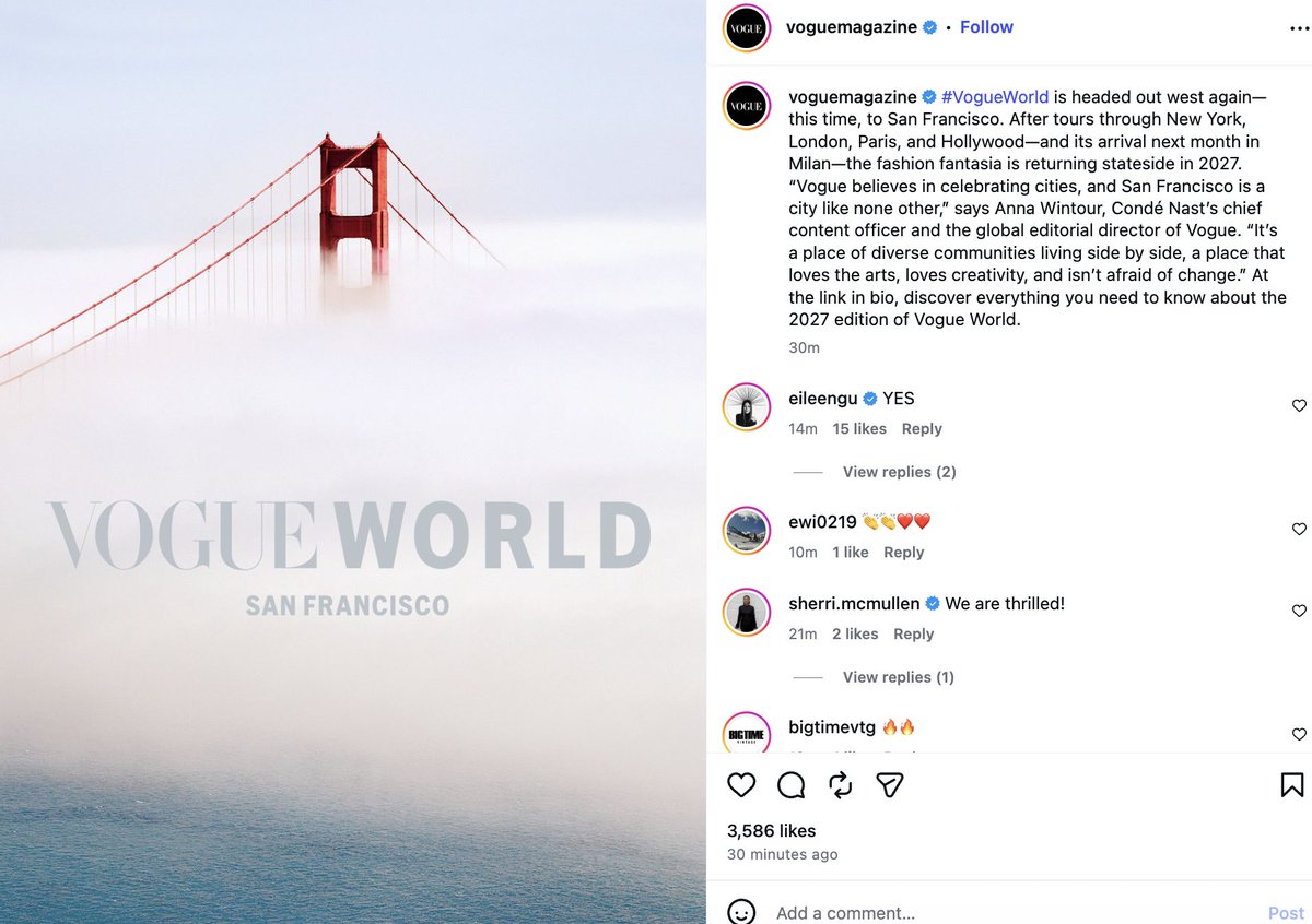 Emily_Sundberg's tweet photo. Vogue World is taking place in San Francisco this year. "Vogue believes in celebrating cities, and San Francisco is a city like none other,” says Anna Wintour.

SF really is a city like none other....... https://t.co/tUsZM11FdJ