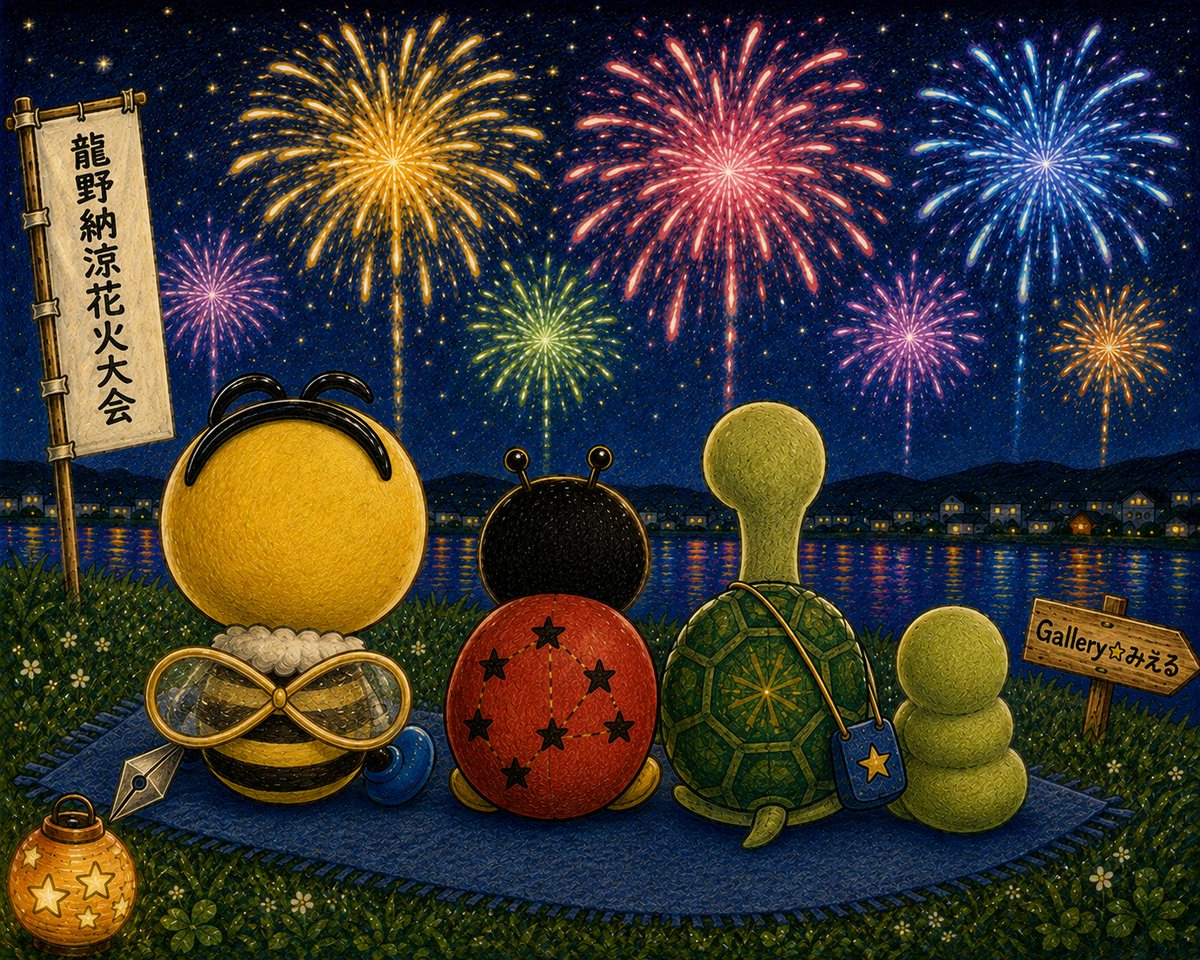 Gallery_miel's tweet photo. 夏の思い出🎆
オチョ���ちと花火鑑賞✨️「たまや〜」
#オリジナルキャラ　#花火大会

 #Galleryみëる　#クーポン
リニューアルOPEN　8/14(金)14:00〜
以降水日開けてます。※不定休
お気軽にお立ち寄りください😳
この画面、見せたらお買物10%OFF
#姫新線　もスタンプラリーしてるみたい！ https://t.co/WG7hX8x1Vw