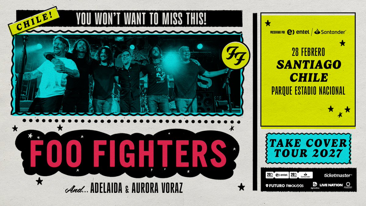 dgmedioschile's tweet photo. Llega a Chile tu banda favorita!!! @foofighters aterriza este 28 de febrero 2027 en Parque Estadio Nacional con Take Cover Tour + Local Support Adelaida y Aurora Voraz 🤘
 
➡️ Preventa exclusiva para clientes @entel o pagando con tarjetas @santanderchile, martes 11 de agosto a las 10 AM.
➡️ Venta general, jueves 13 de agosto a las 10.01 AM.
🎙️ Media Partner @futurofm @rockaxisoficial 
🎟️ Entradas en @ticketmastercl 
🔗 Más info en https://t.co/USYjySbcgx