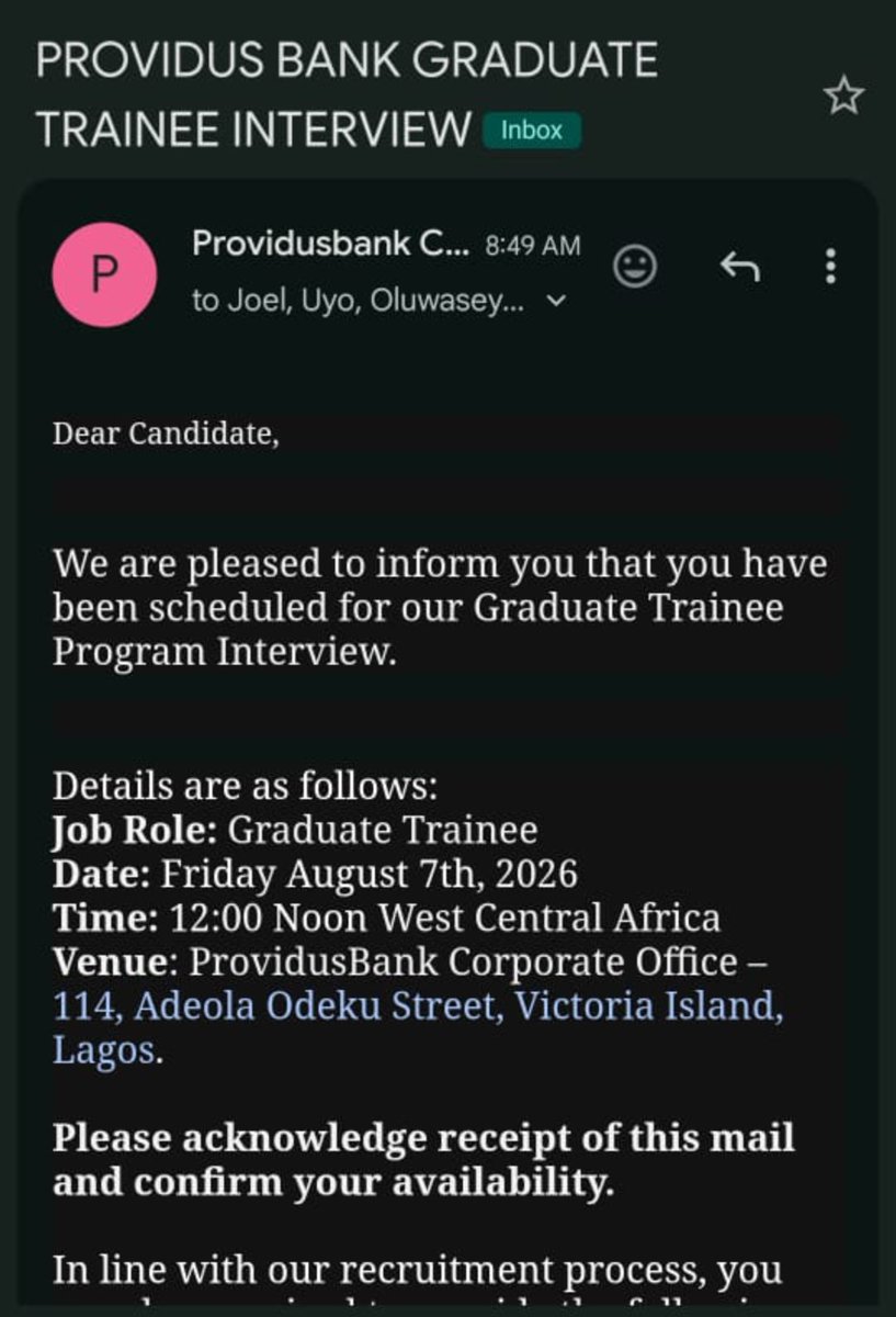 JobsLever's tweet photo. Providus graduate trainee 2026 interview invitation sent to shortlisted candidates. Providus Bank Interview Questions often involves competency and behavioral based questions.
For those asking for study guide for interview you can find it here 👉https://t.co/MyNltVZqAN https://t.co/9IaPzIQTmN
