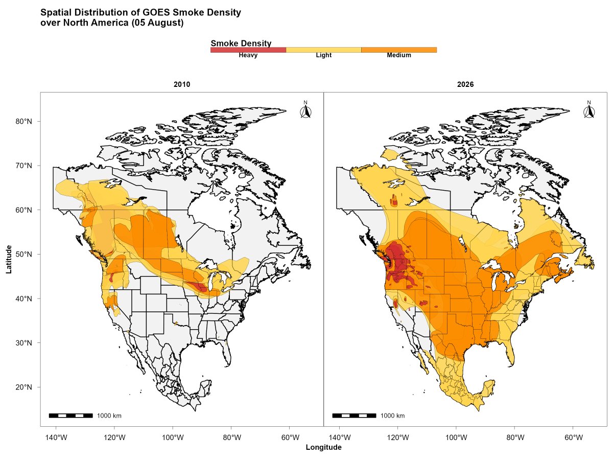 alihassansha12's tweet photo. GOES Satellite Analysis Shows a Significant Increase in Smoke Density Across North America (05 August: 2010 vs. 2026) π°οΈπ·
#RemoteSensing #GIS #EarthObservation #GOES #Wildfire #WildfireSmoke #SmokeMonitoring #AirQuality #ClimateChange #EnvironmentalScience #DisasterManagement https://t.co/h4blVB1Knn